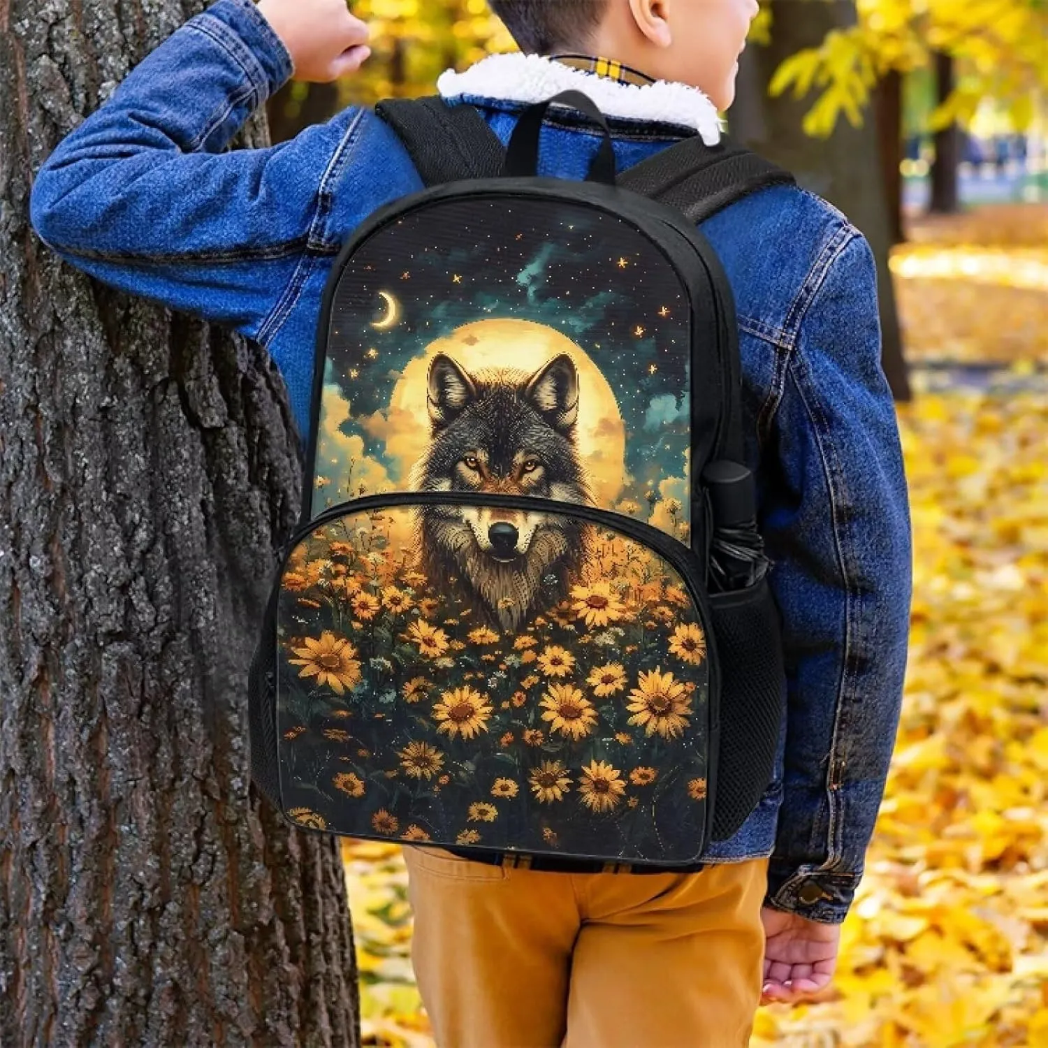 Talayituse Wolf Sunflower Moon Star Print Backpacks for Kids Girls 17 Inches Lightweight Casual Daypack Schoolbag Bookbag with Adjustable Shoulder Strap for School Travel