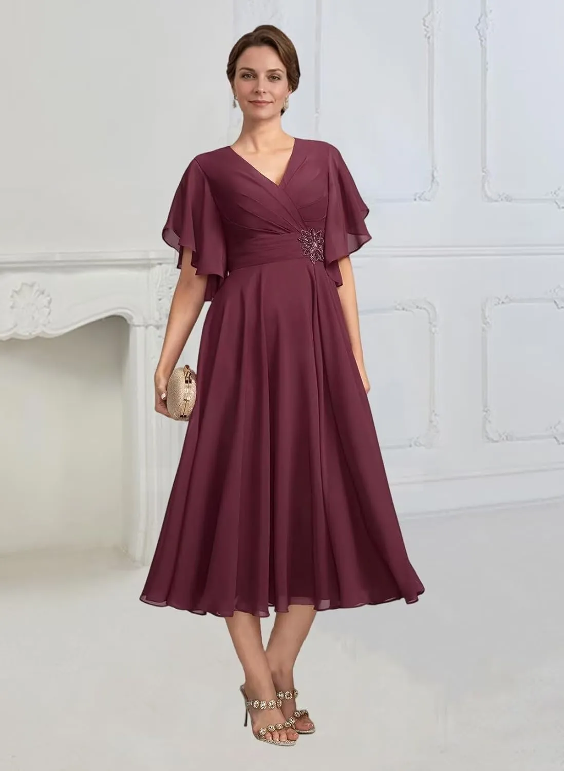 Tea Length Mother of The Bride Dresses for Women Chiffon V Neck Ruched Formal Dress with Sleeves