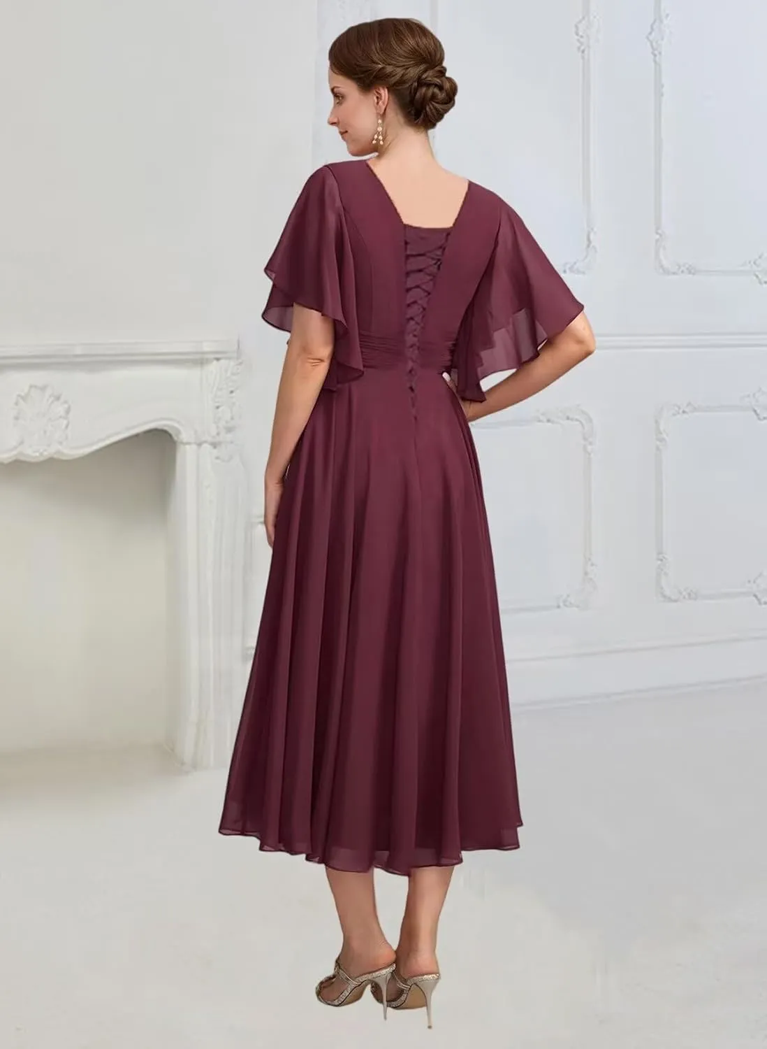 Tea Length Mother of The Bride Dresses for Women Chiffon V Neck Ruched Formal Dress with Sleeves