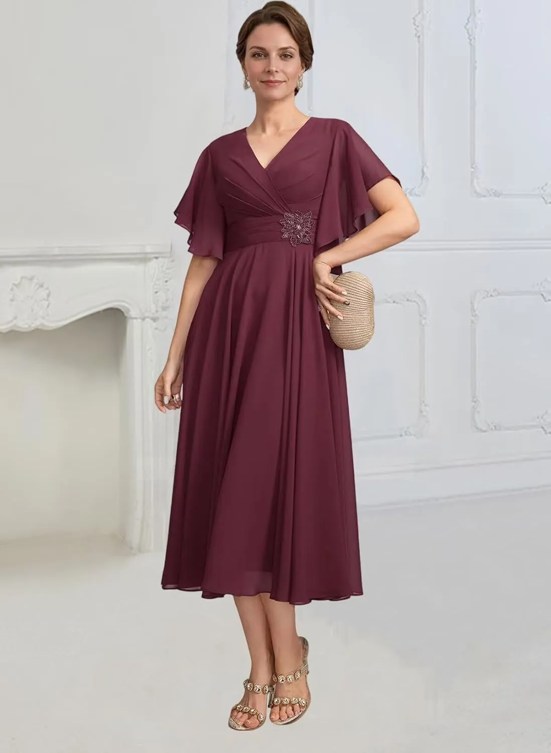 Tea Length Mother of The Bride Dresses for Women Chiffon V Neck Ruched Formal Dress with Sleeves