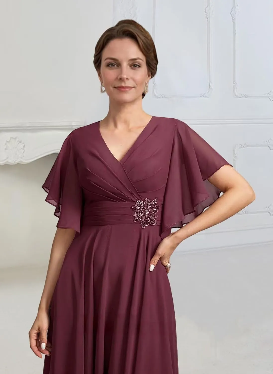 Tea Length Mother of The Bride Dresses for Women Chiffon V Neck Ruched Formal Dress with Sleeves