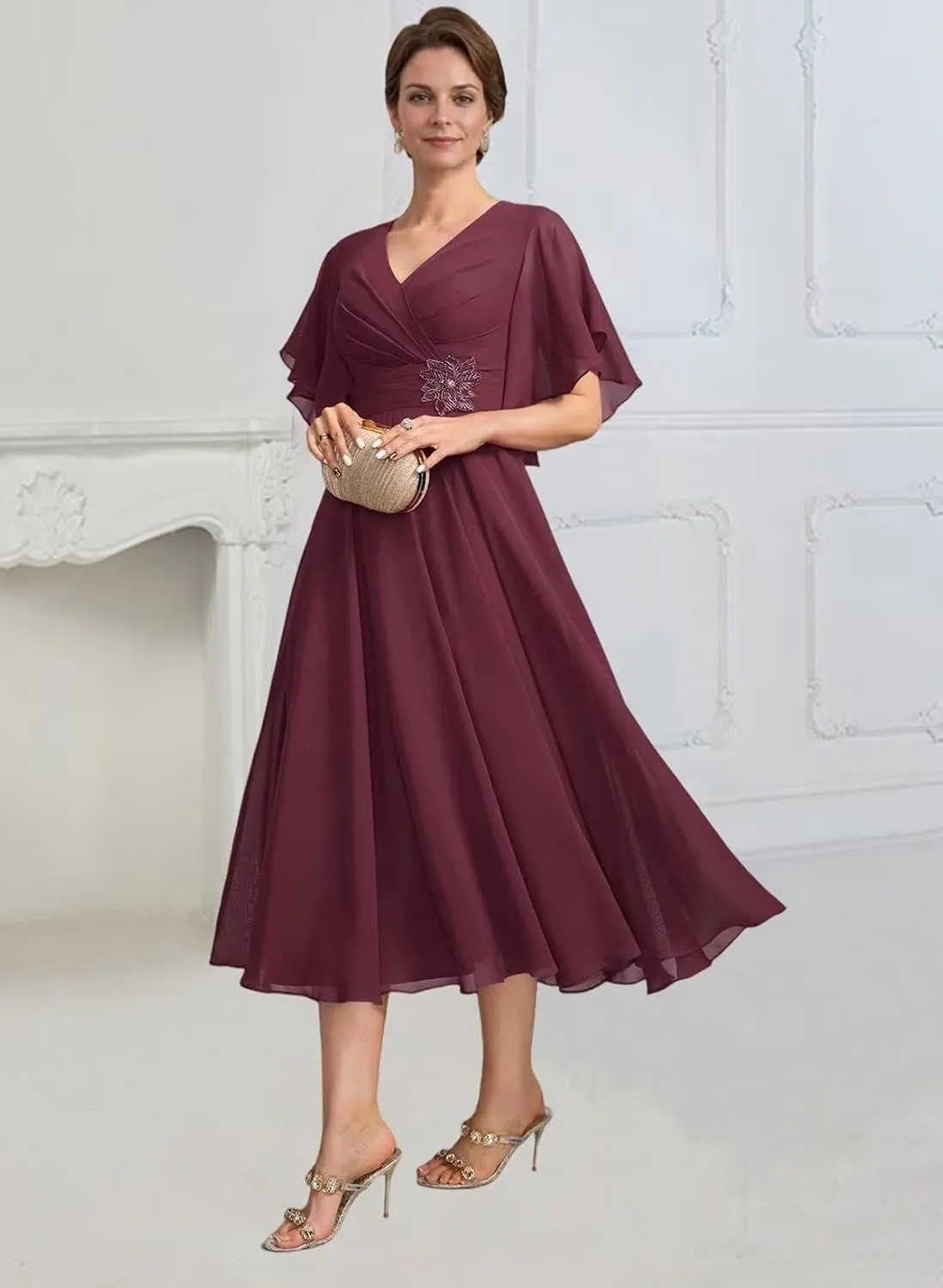 Tea Length Mother of The Bride Dresses for Women Chiffon V Neck Ruched Formal Dress with Sleeves