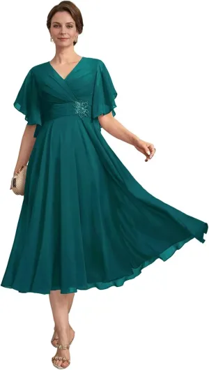 Tea Length Mother of The Bride Dresses for Women Chiffon V Neck Ruched Formal Dress with Sleeves