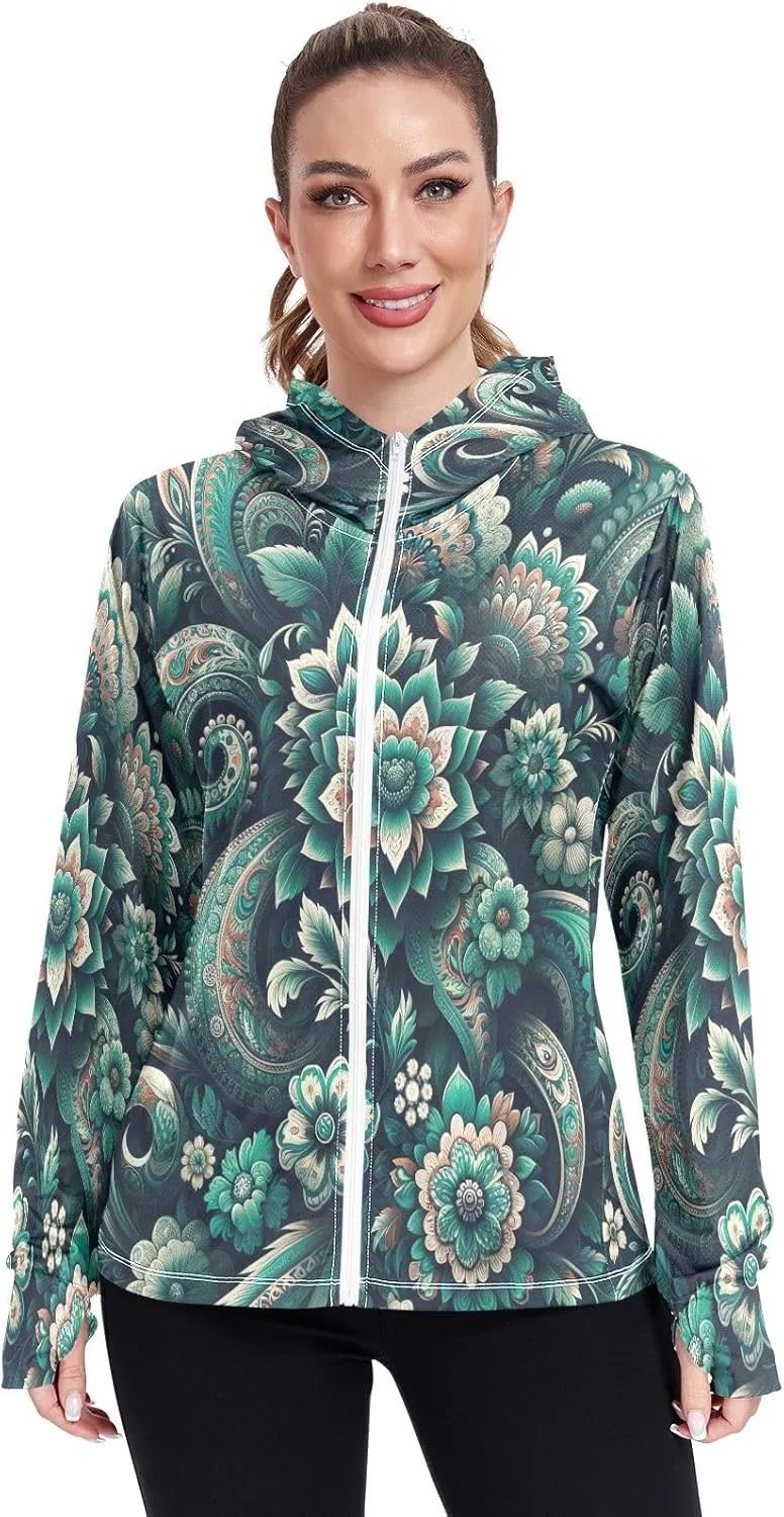 Teal Boho Floral Paisley Flowers Uv Jacket Sun Protection for Women, Upf 50  Travel Shirts for Women, S-XXL Zip Hoodie
