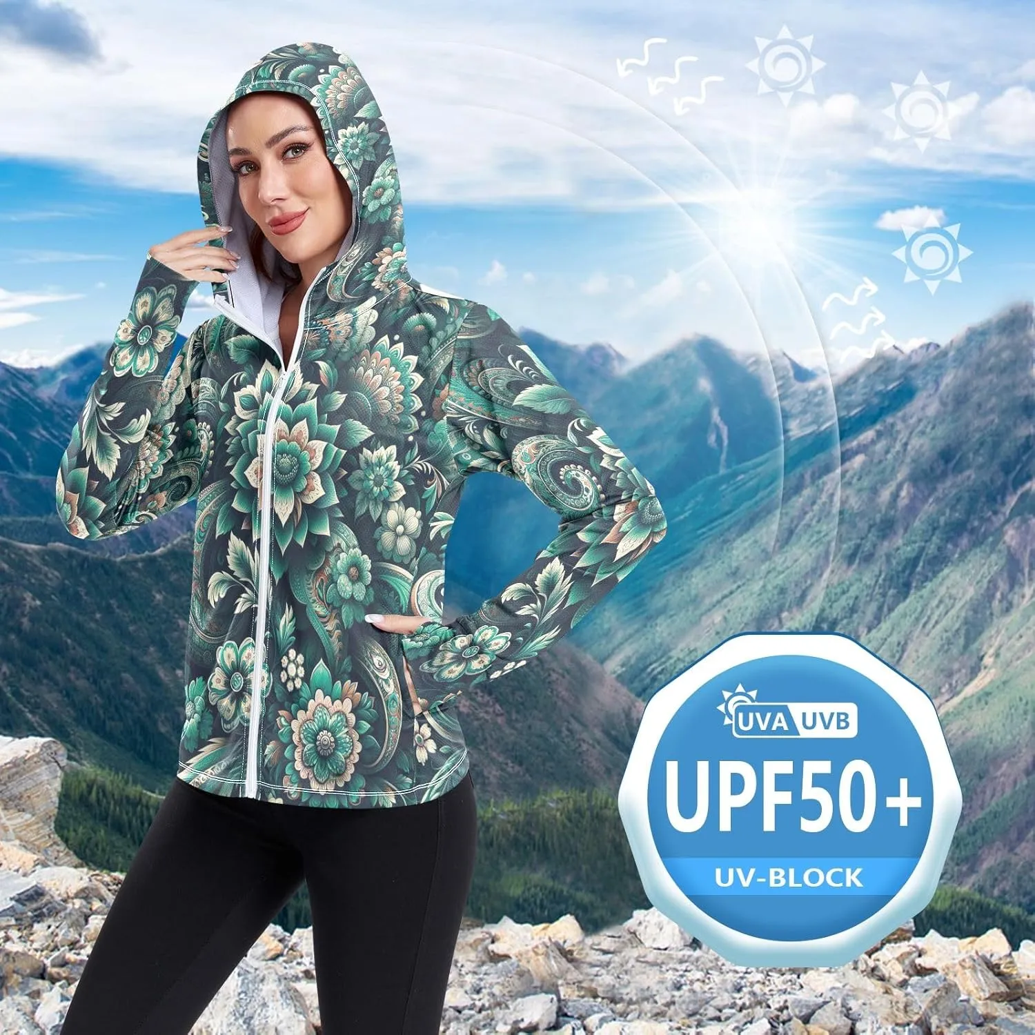 Teal Boho Floral Paisley Flowers Uv Jacket Sun Protection for Women, Upf 50  Travel Shirts for Women, S-XXL Zip Hoodie