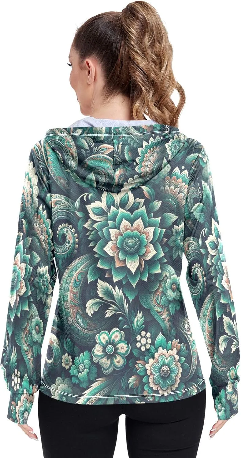 Teal Boho Floral Paisley Flowers Uv Jacket Sun Protection for Women, Upf 50  Travel Shirts for Women, S-XXL Zip Hoodie