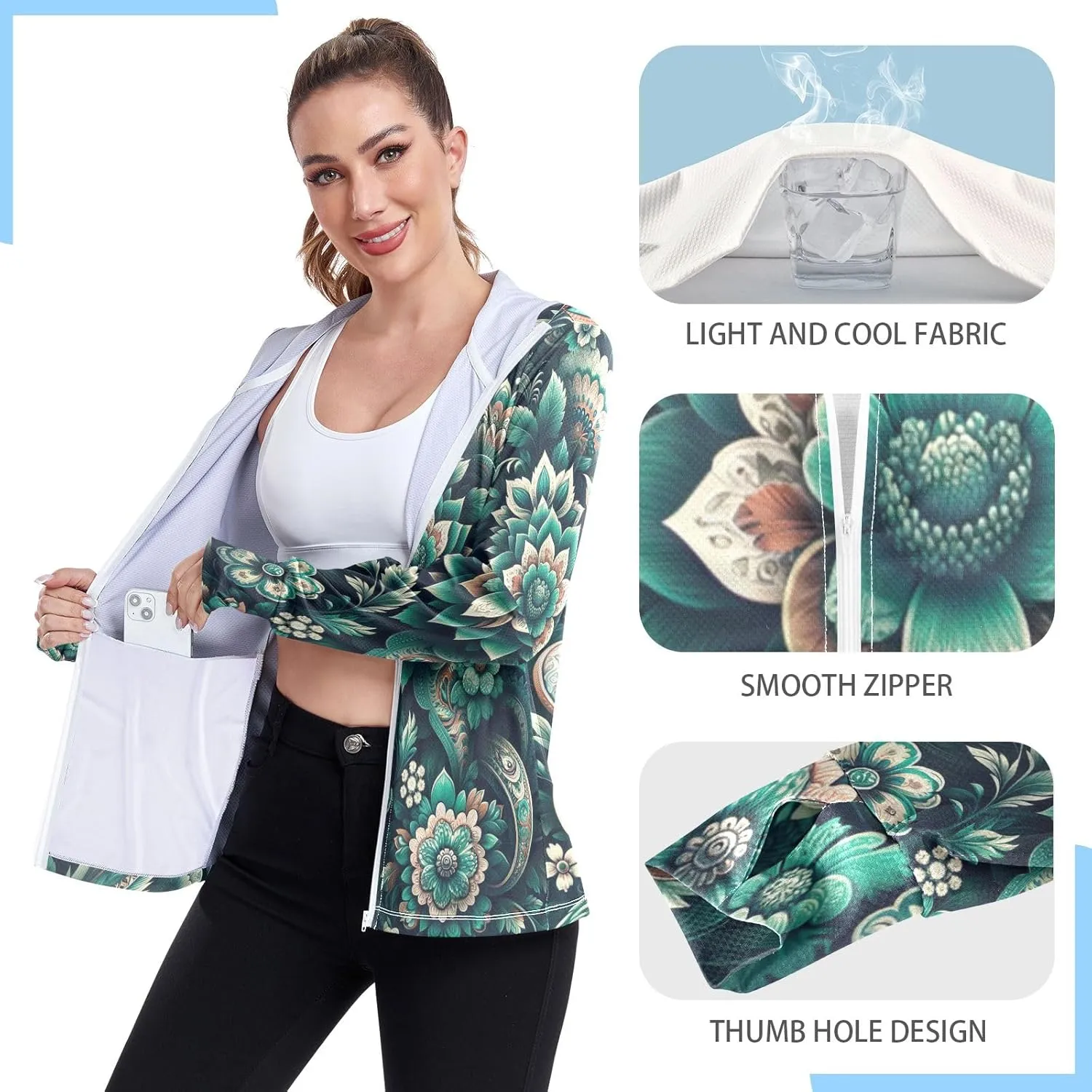 Teal Boho Floral Paisley Flowers Uv Jacket Sun Protection for Women, Upf 50  Travel Shirts for Women, S-XXL Zip Hoodie