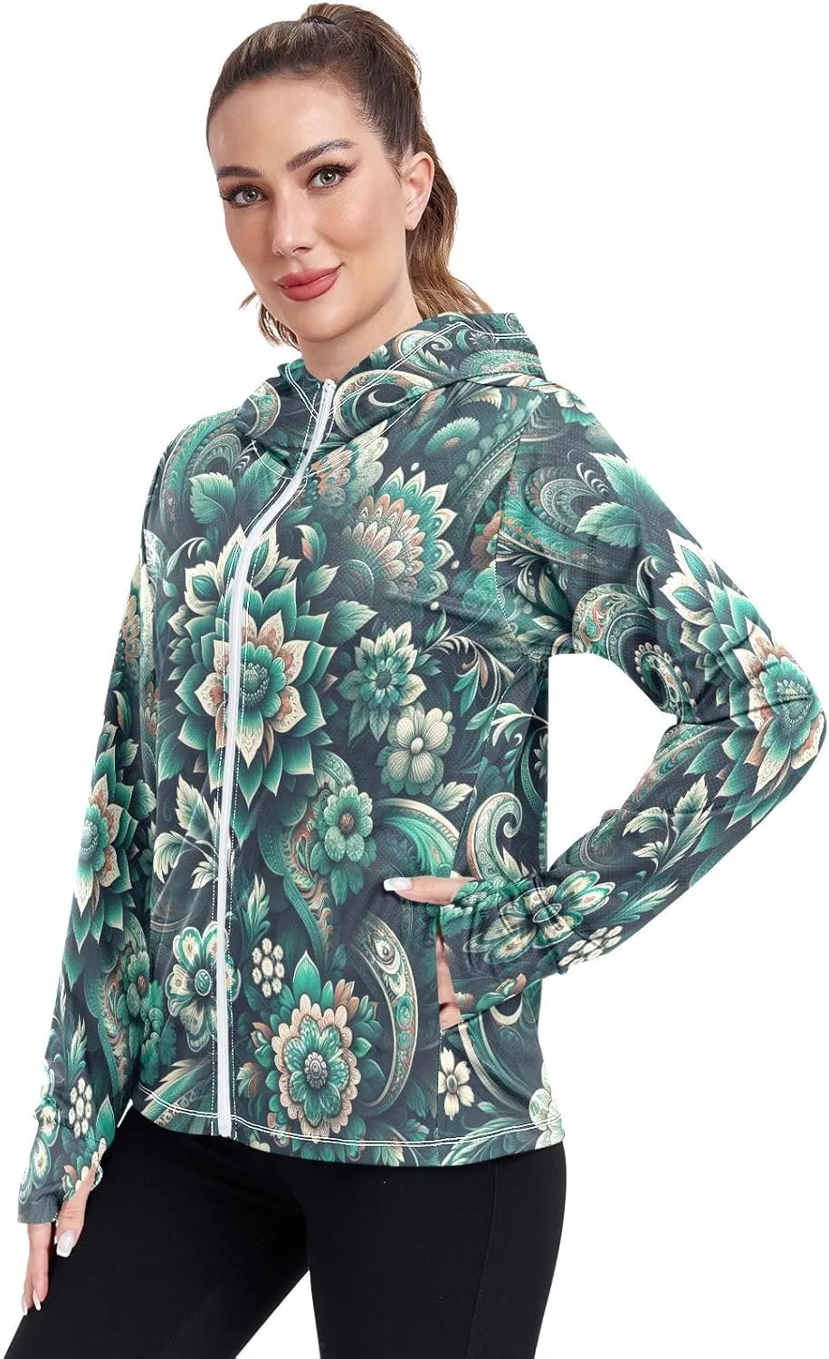 Teal Boho Floral Paisley Flowers Uv Jacket Sun Protection for Women, Upf 50  Travel Shirts for Women, S-XXL Zip Hoodie