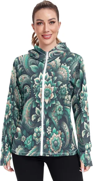 Teal Boho Floral Paisley Flowers Uv Jacket Sun Protection for Women, Upf 50  Travel Shirts for Women, S-XXL Zip Hoodie