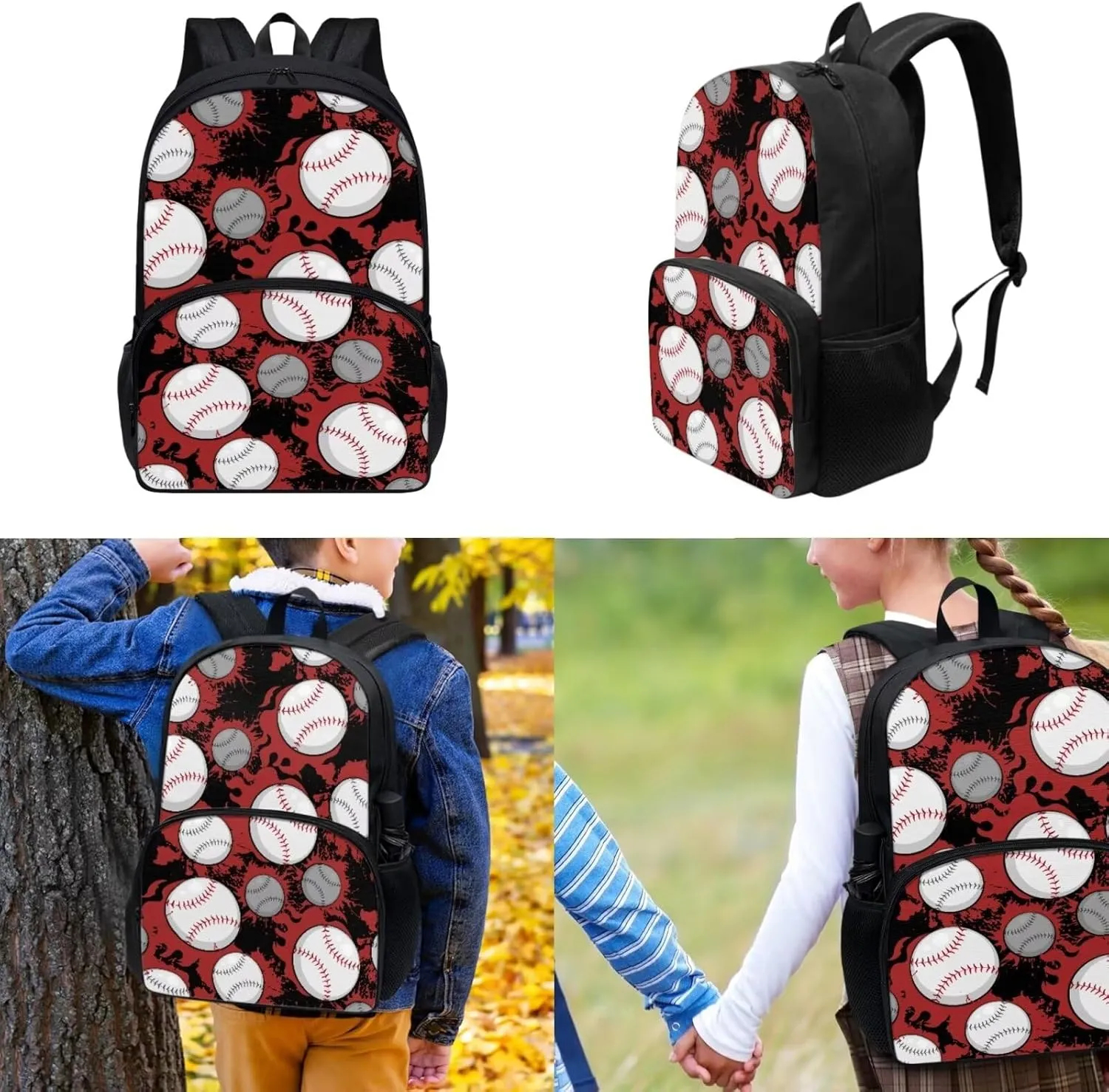 Teen Girls School Backpack Baseball Print Kids Bookbag Set with Shoulder Lunch Bag and Pencil Purse 3 IN 1 Large Capacity School Bag for Middle School Students Satchel Travel Daypack