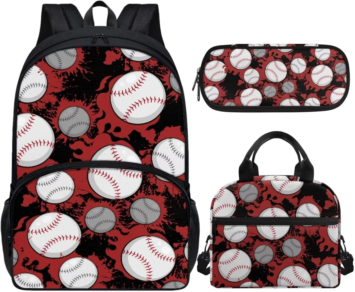 Teen Girls School Backpack Baseball Print Kids Bookbag Set with Shoulder Lunch Bag and Pencil Purse 3 IN 1 Large Capacity School Bag for Middle School Students Satchel Travel Daypack