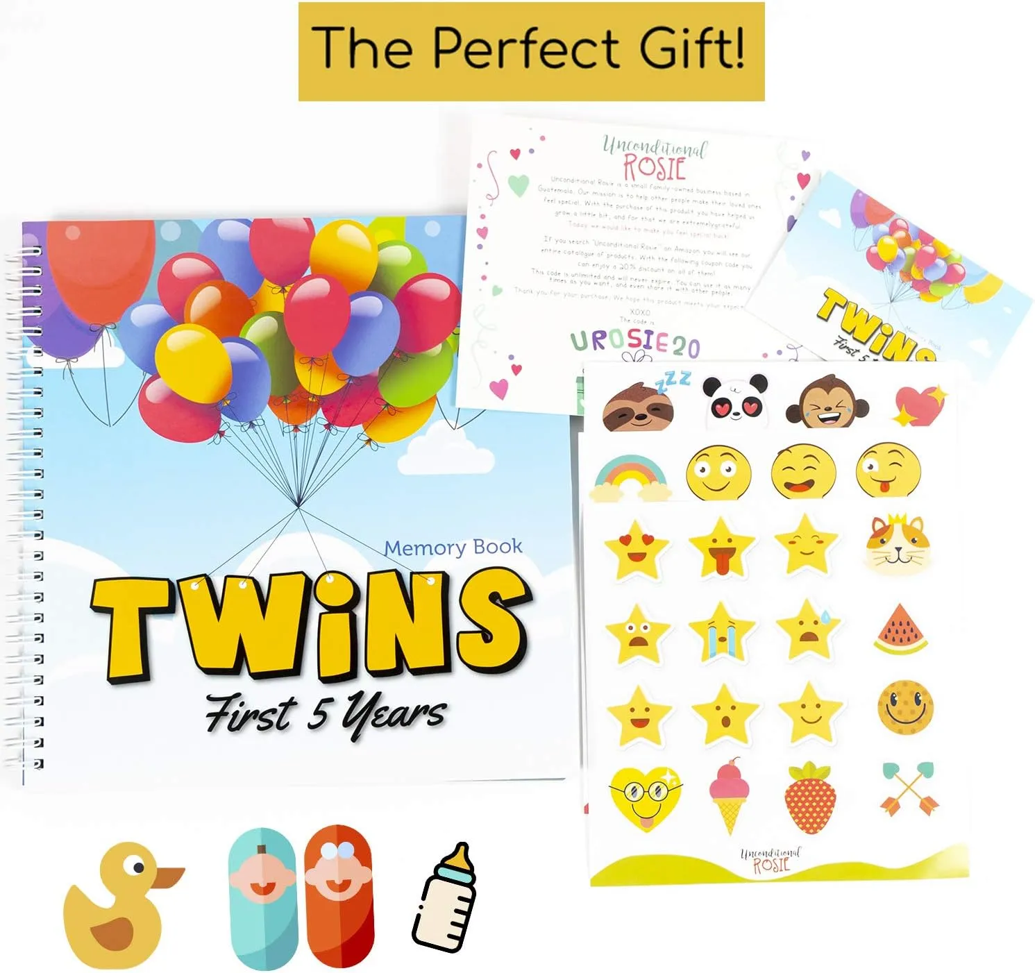 The Adventure Edition | Twins First 5 Years Memory Book with Stickers | Baby 1st Year Milestone Photo Album for Mom & Dad | Newborn Hard Cover Journal | Babies Personalized Keepsake Scrapbook Diary