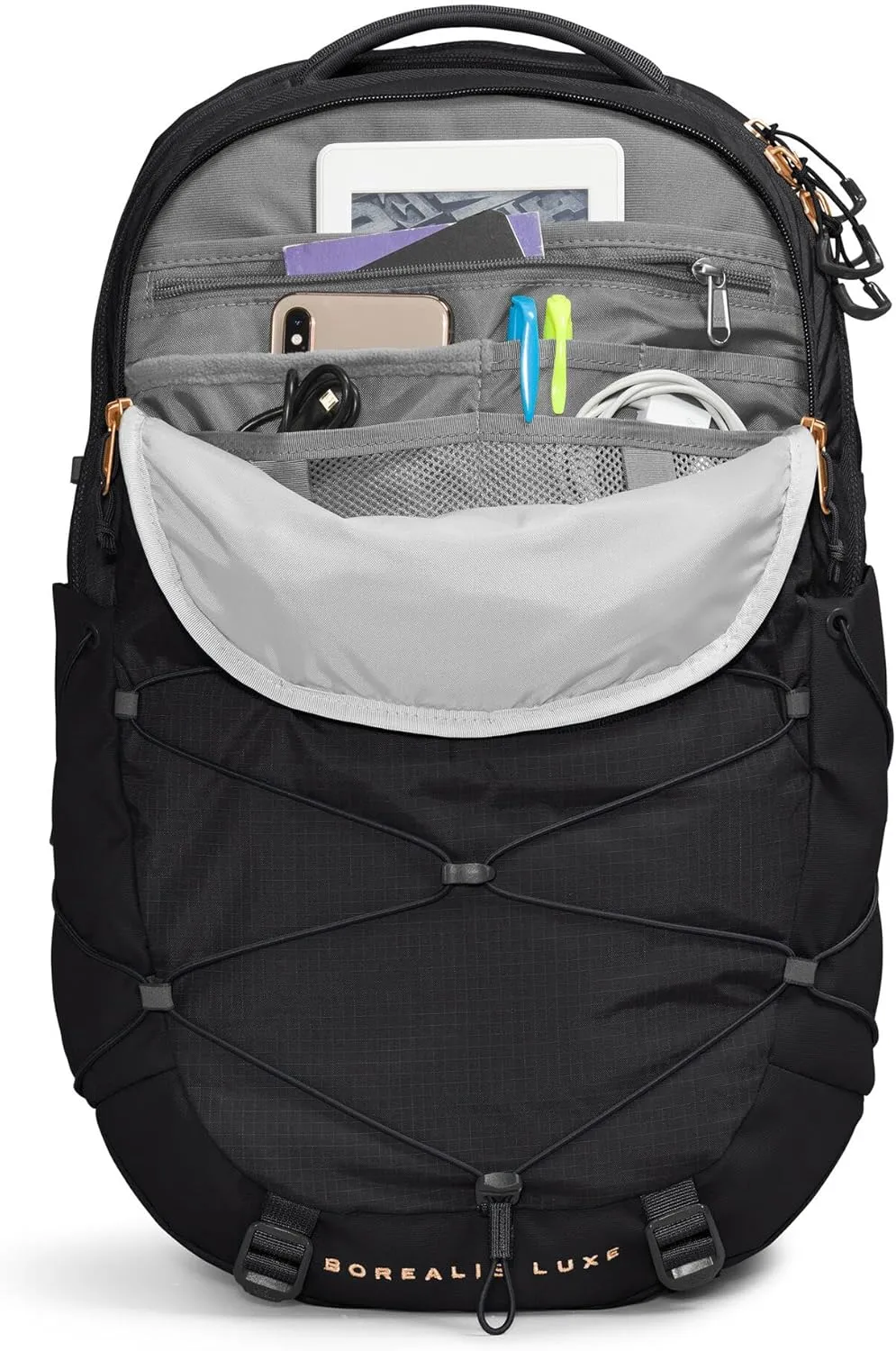 THE NORTH FACE Women's Borealis Luxe Commuter Laptop Backpack - PFAS Free, TNF Black/Burnt Coral Metallic-NPF, One Size