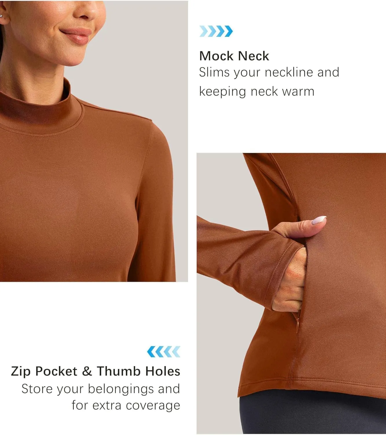Thermal Shirts for Women Long Sleeve Mock Neck Fleece Tops Running Workout Cold Weather Gear with Zip Pocket
