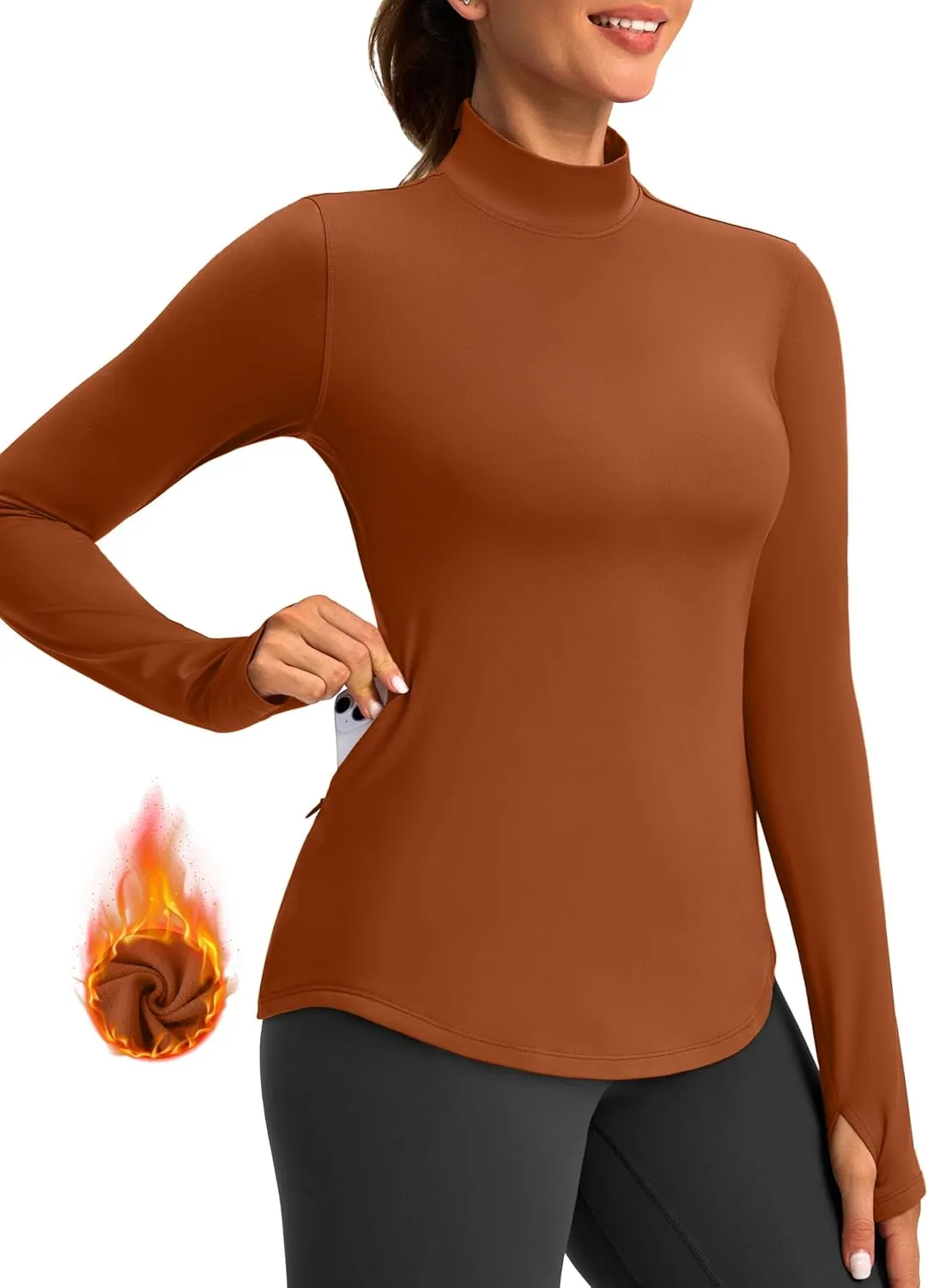 Thermal Shirts for Women Long Sleeve Mock Neck Fleece Tops Running Workout Cold Weather Gear with Zip Pocket