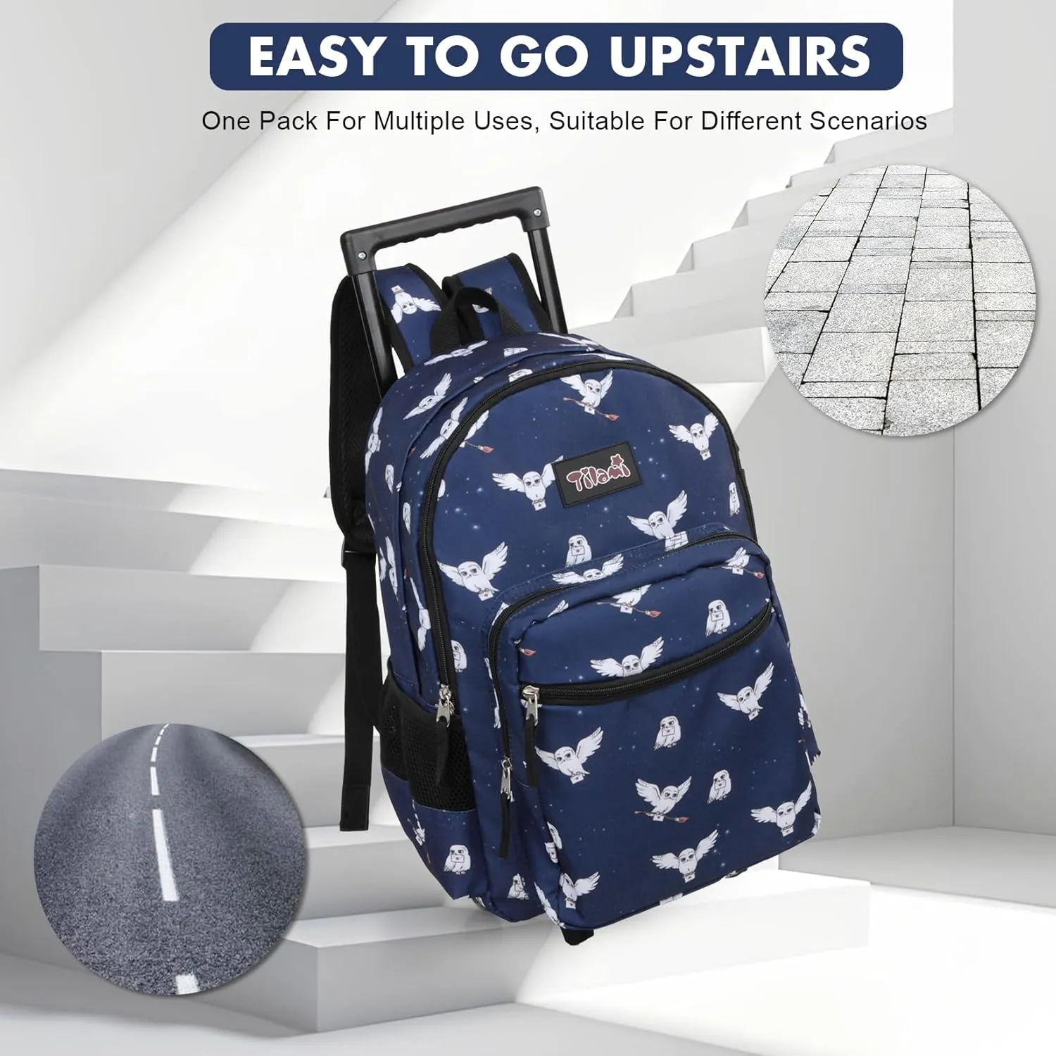 Tilami Double Hand Rolling Backpack,Owls Blue