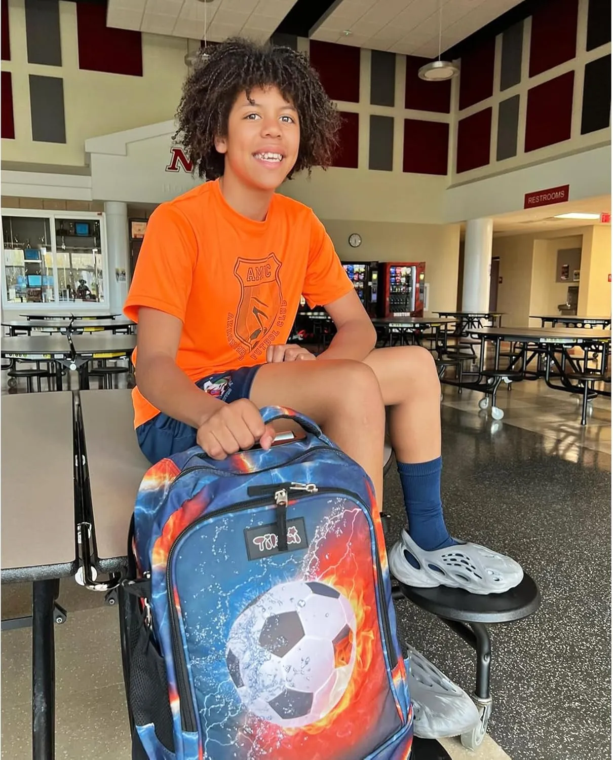 Tilami Rolling Backpack with Trolley Wheeled Design, Cute Cartoon Printed for Boys and Girls, Travel, School, Student Trip (19 Inch, Football)
