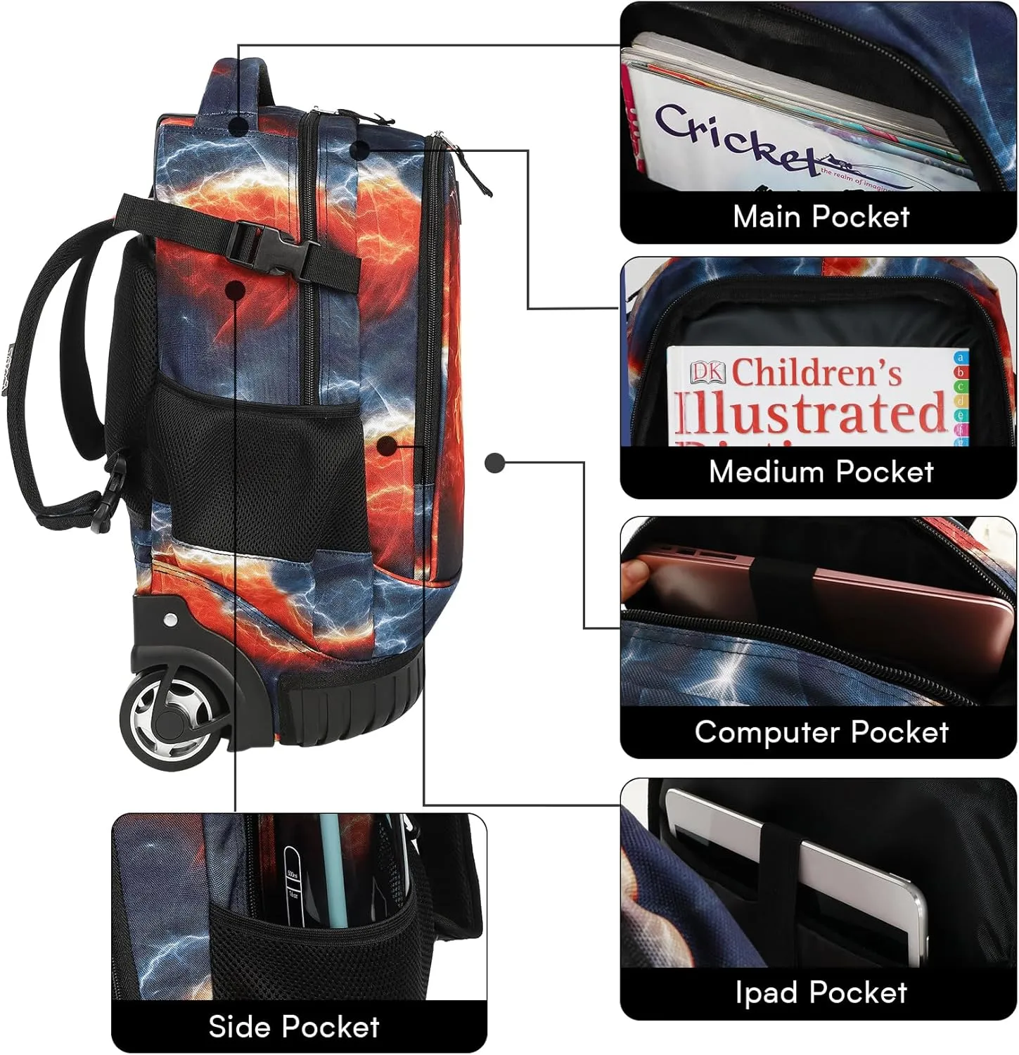 Tilami Rolling Backpack with Trolley Wheeled Design, Cute Cartoon Printed for Boys and Girls, Travel, School, Student Trip (19 Inch, Football)