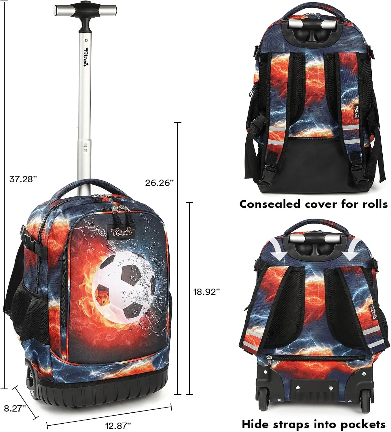 Tilami Rolling Backpack with Trolley Wheeled Design, Cute Cartoon Printed for Boys and Girls, Travel, School, Student Trip (19 Inch, Football)