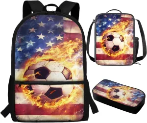 TOADDITDO American Flag School Backpack for Boys 8-12 Soccer Schoolbag Set with Lunch Bag Pencil Case Independence Day Flame Print Large Book Bags Middle School Camping Backpacks Lightweight Daypack