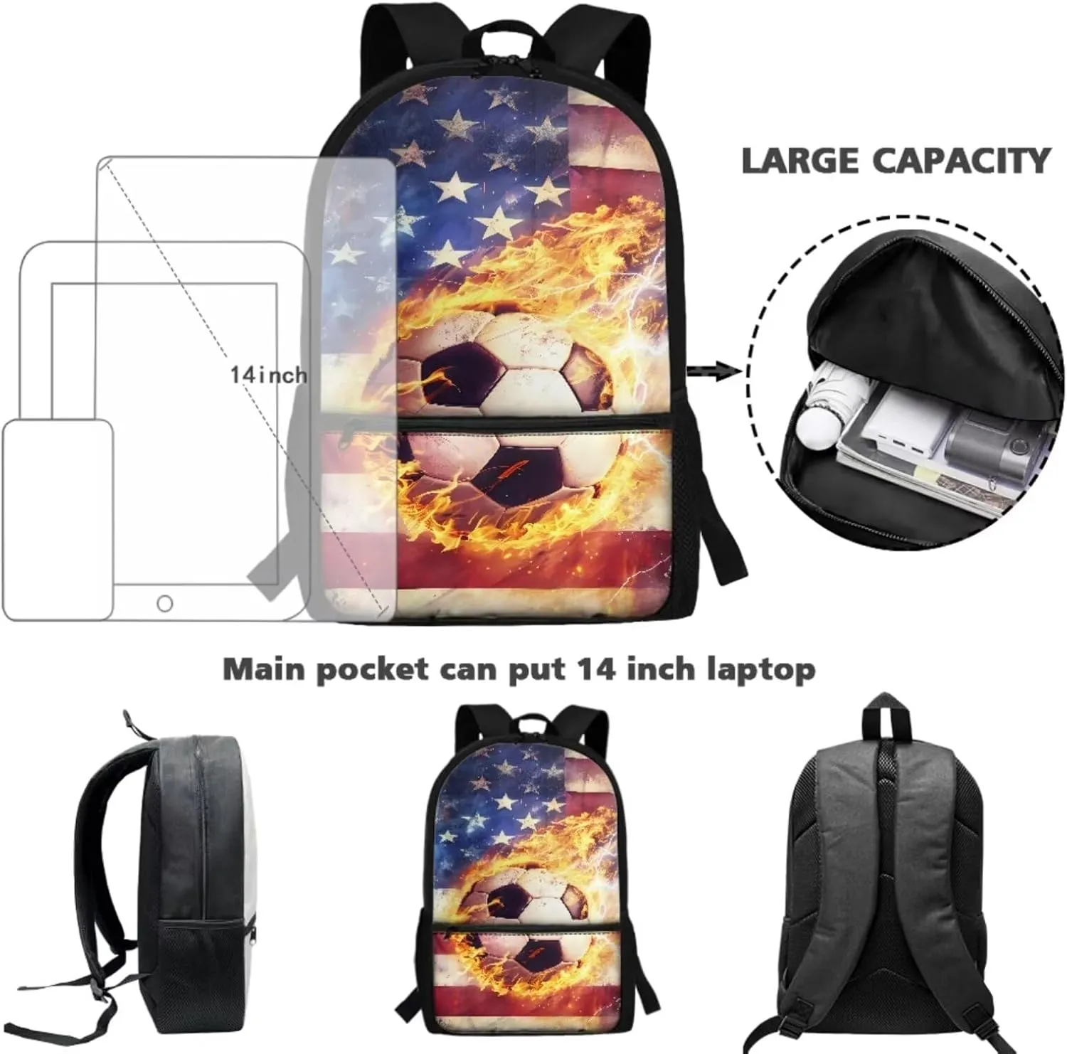 TOADDITDO American Flag School Backpack for Boys 8-12 Soccer Schoolbag Set with Lunch Bag Pencil Case Independence Day Flame Print Large Book Bags Middle School Camping Backpacks Lightweight Daypack