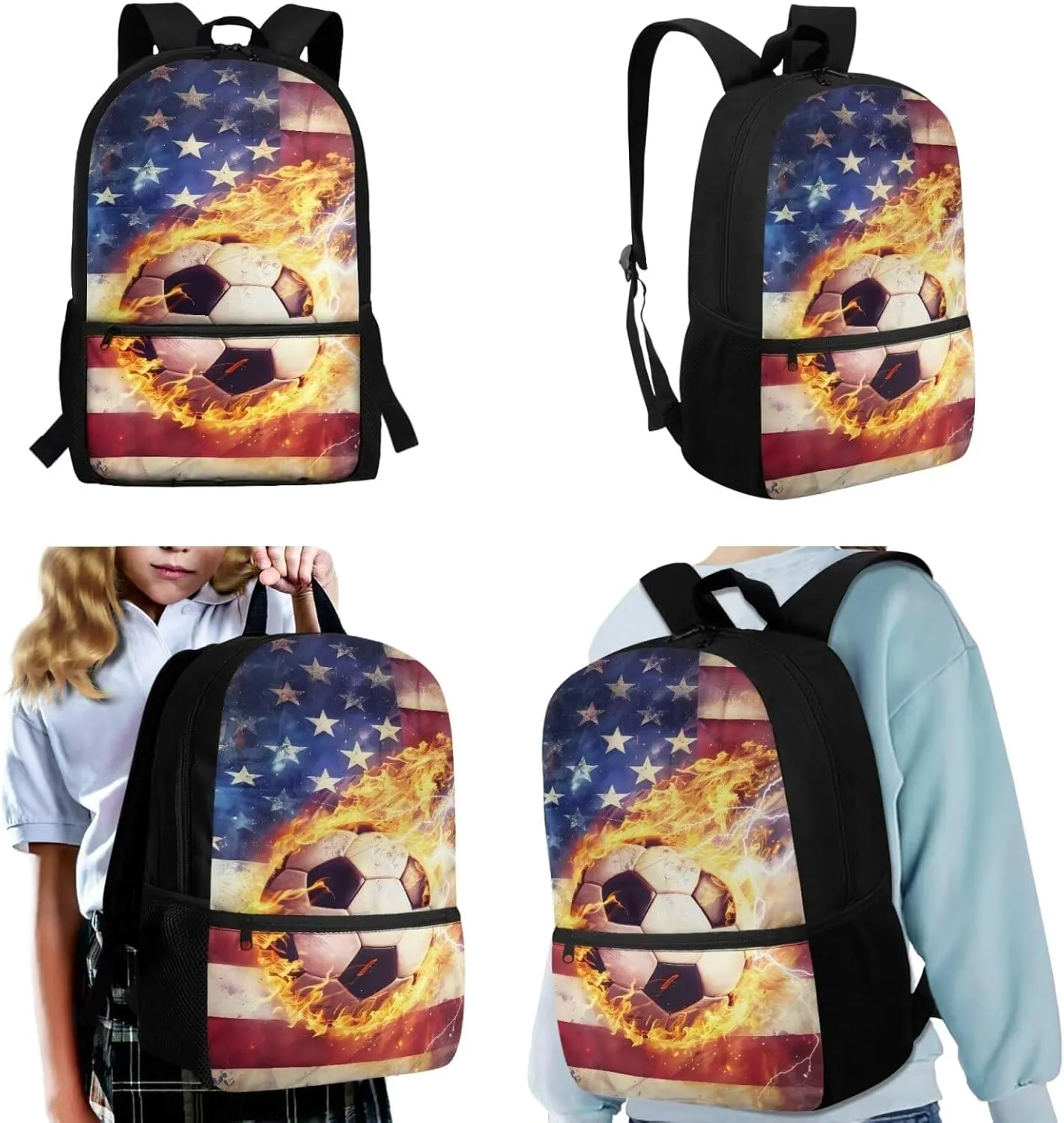 TOADDITDO American Flag School Backpack for Boys 8-12 Soccer Schoolbag Set with Lunch Bag Pencil Case Independence Day Flame Print Large Book Bags Middle School Camping Backpacks Lightweight Daypack