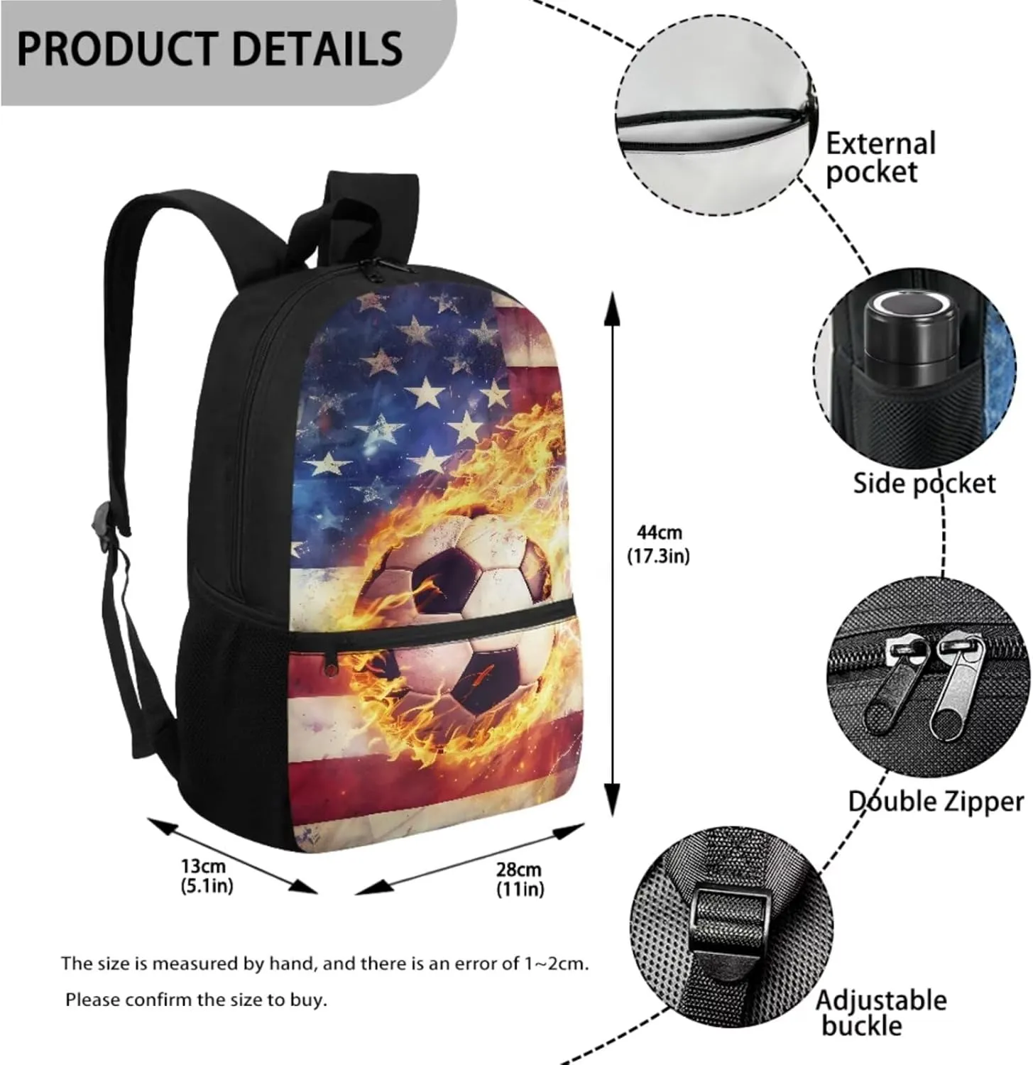 TOADDITDO American Flag School Backpack for Boys 8-12 Soccer Schoolbag Set with Lunch Bag Pencil Case Independence Day Flame Print Large Book Bags Middle School Camping Backpacks Lightweight Daypack
