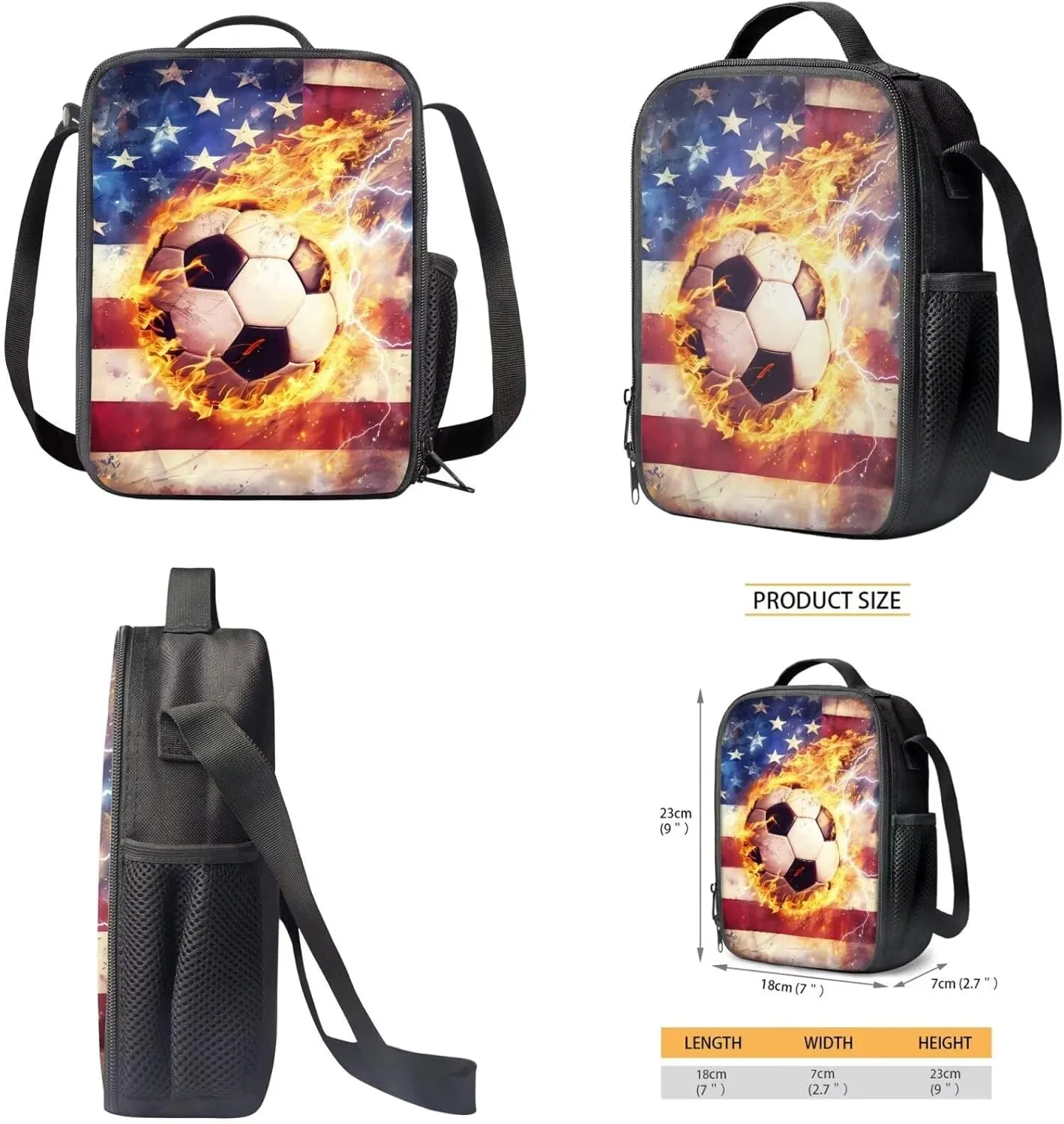 TOADDITDO American Flag School Backpack for Boys 8-12 Soccer Schoolbag Set with Lunch Bag Pencil Case Independence Day Flame Print Large Book Bags Middle School Camping Backpacks Lightweight Daypack