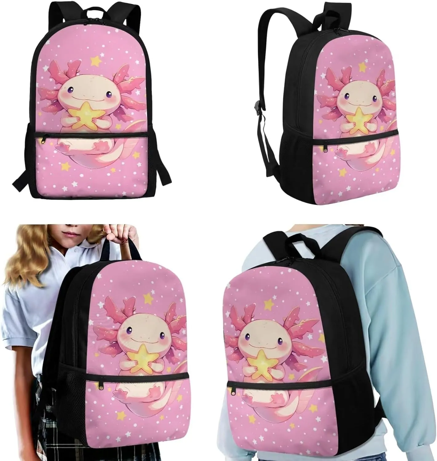 TOADDITDO Axolotl Girls Backpack with Lunch Box Elementary School Big Schoolbag 6-8 Kids Cute School Book Bags Casual Daypack Laptop Backpacks Travel Shoulder Bags Back Pack Mochilas Para NiñA