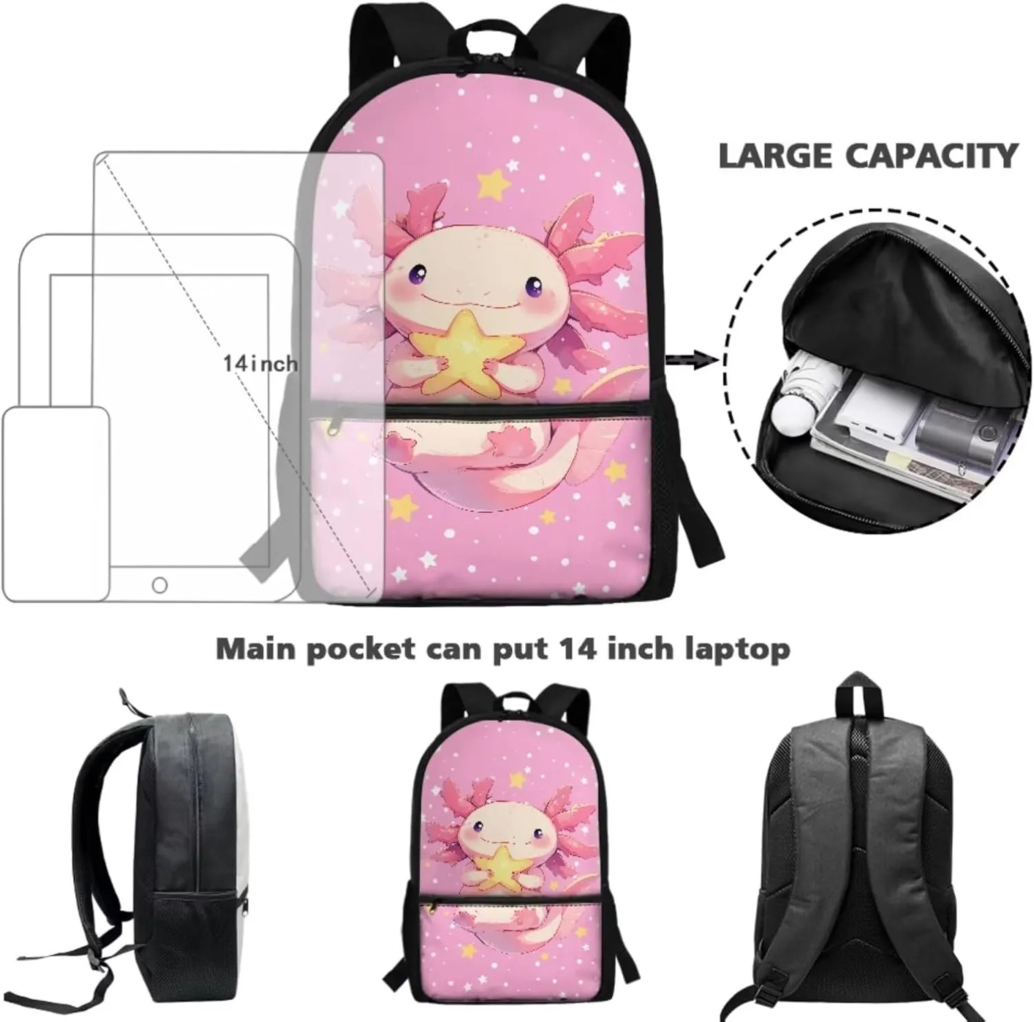 TOADDITDO Axolotl Girls Backpack with Lunch Box Elementary School Big Schoolbag 6-8 Kids Cute School Book Bags Casual Daypack Laptop Backpacks Travel Shoulder Bags Back Pack Mochilas Para NiñA