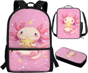TOADDITDO Axolotl Girls Backpack with Lunch Box Elementary School Big Schoolbag 6-8 Kids Cute School Book Bags Casual Daypack Laptop Backpacks Travel Shoulder Bags Back Pack Mochilas Para NiñA