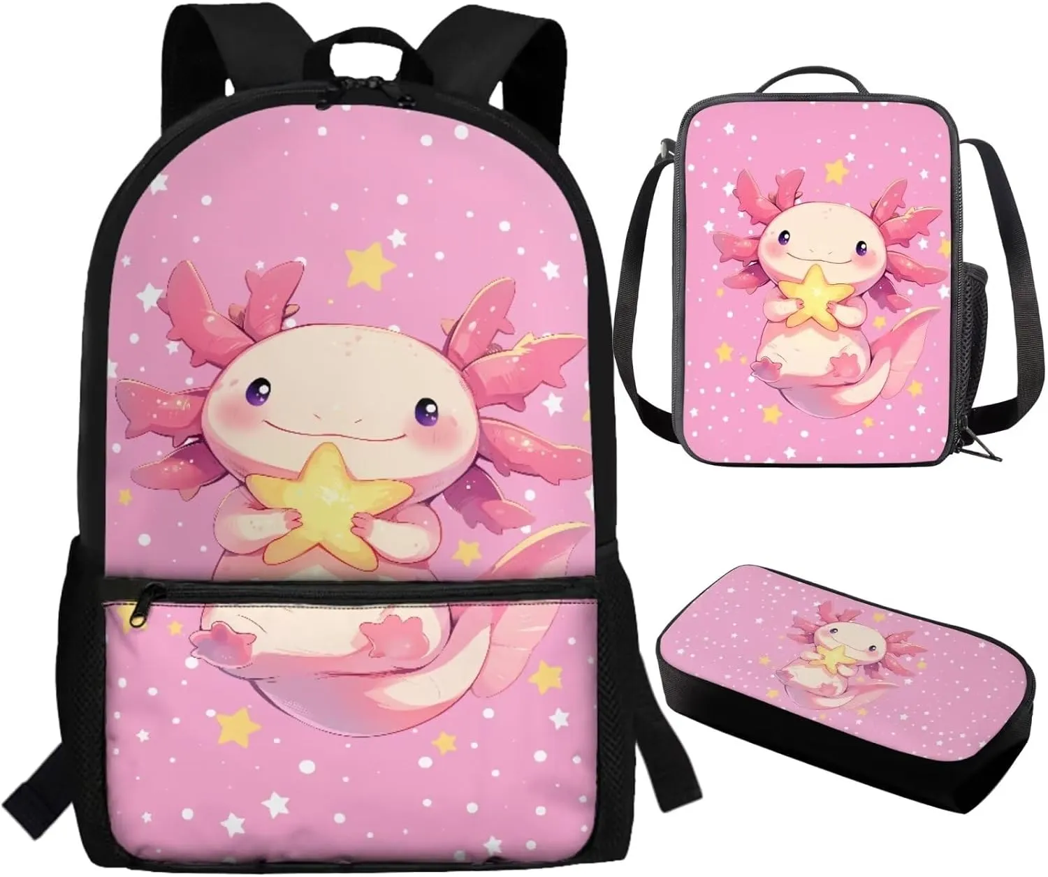TOADDITDO Axolotl Girls Backpack with Lunch Box Elementary School Big Schoolbag 6-8 Kids Cute School Book Bags Casual Daypack Laptop Backpacks Travel Shoulder Bags Back Pack Mochilas Para NiñA