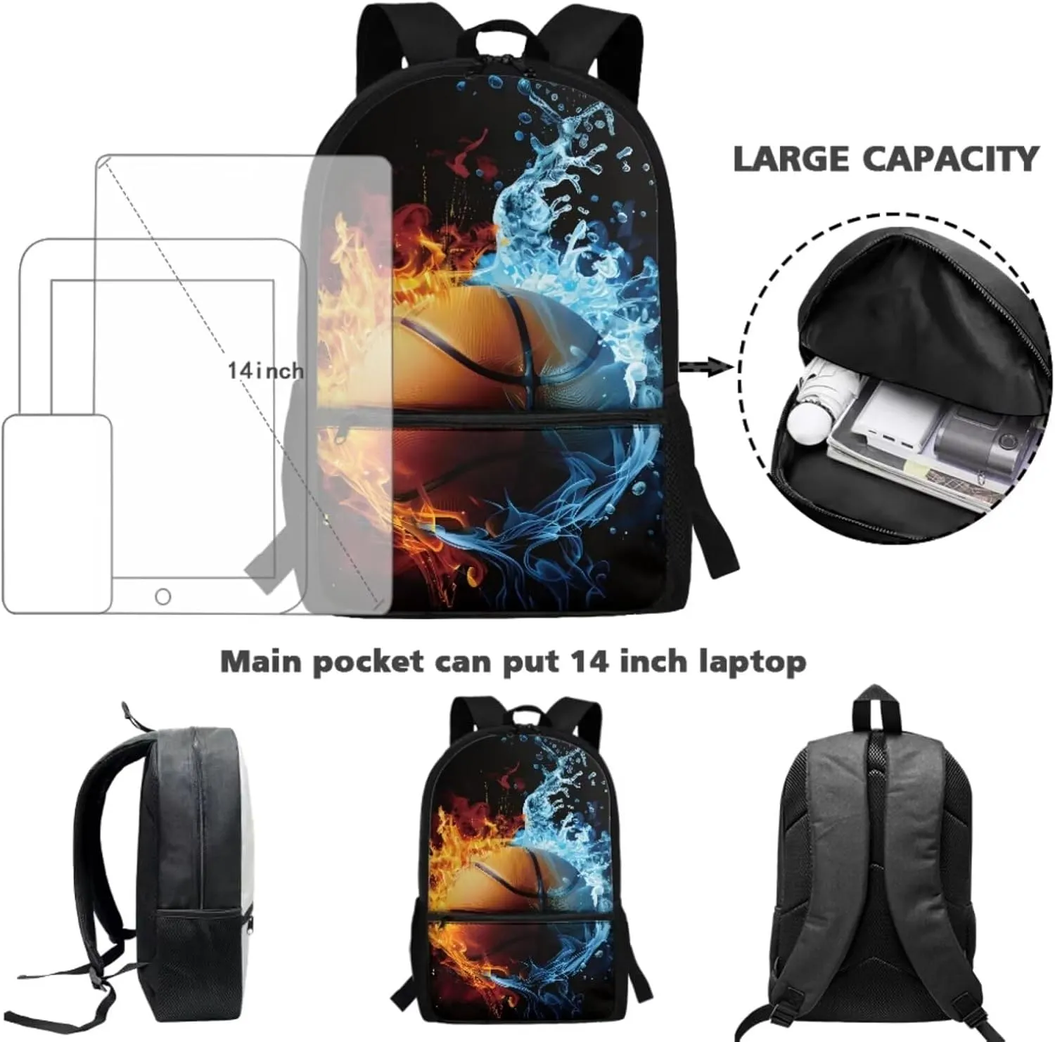 TOADDITDO Basketball Kids Bookbag and Lunch Box Set Boys 3 Piece Backpack Set with Pencil Case Water Fire Printed Teen Large School Bags Middle School Hiking Camping Book Bag Laptop Backpacks Daypack