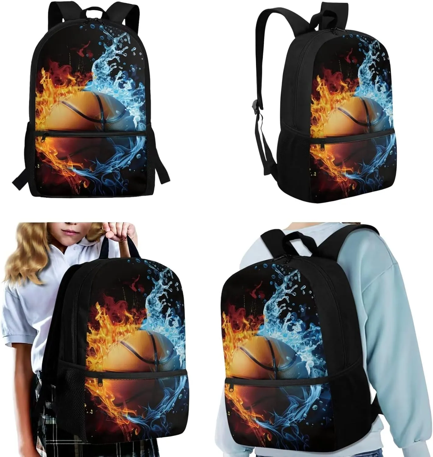 TOADDITDO Basketball Kids Bookbag and Lunch Box Set Boys 3 Piece Backpack Set with Pencil Case Water Fire Printed Teen Large School Bags Middle School Hiking Camping Book Bag Laptop Backpacks Daypack