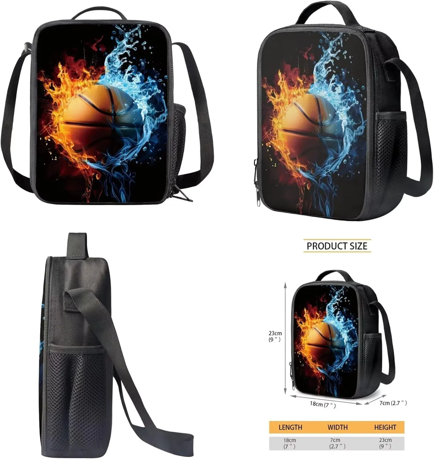 TOADDITDO Basketball Kids Bookbag and Lunch Box Set Boys 3 Piece Backpack Set with Pencil Case Water Fire Printed Teen Large School Bags Middle School Hiking Camping Book Bag Laptop Backpacks Daypack