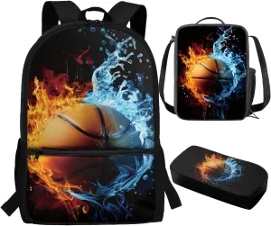 TOADDITDO Basketball Kids Bookbag and Lunch Box Set Boys 3 Piece Backpack Set with Pencil Case Water Fire Printed Teen Large School Bags Middle School Hiking Camping Book Bag Laptop Backpacks Daypack