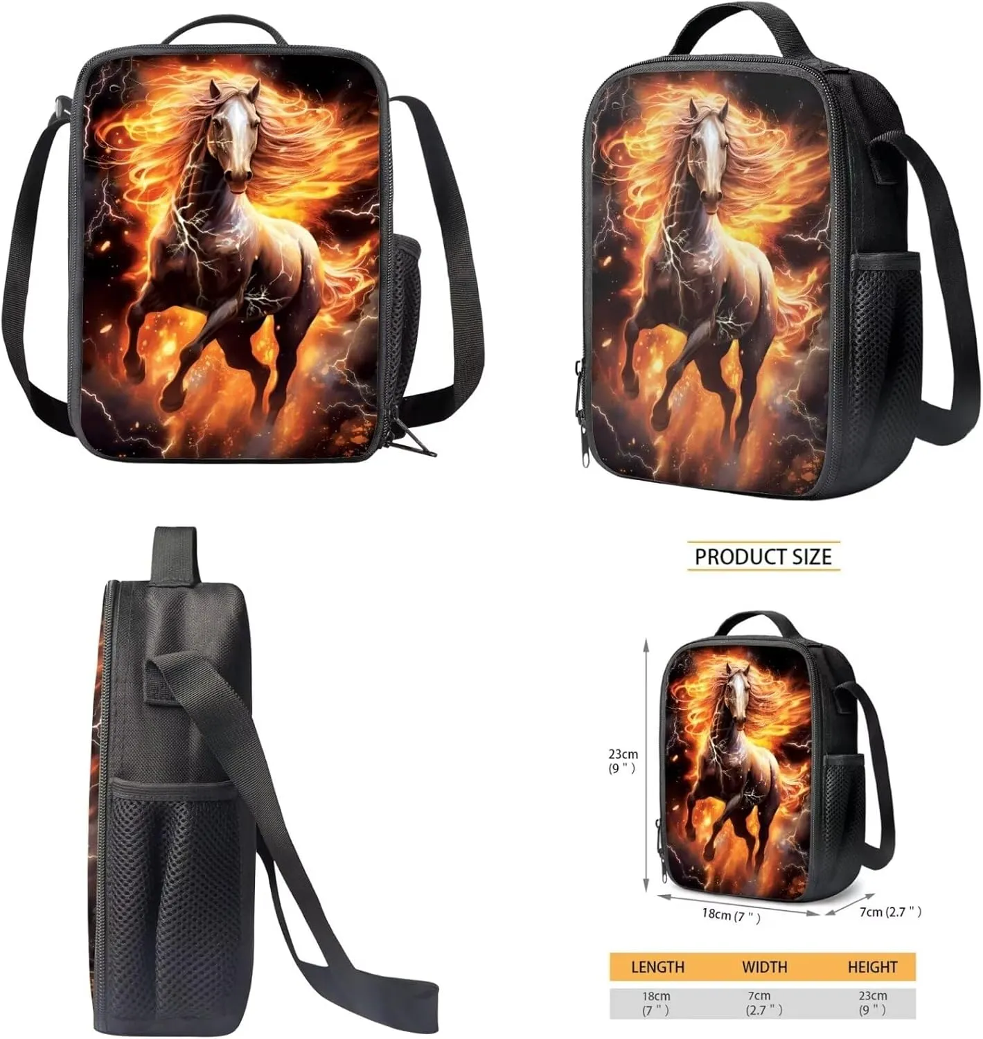 TOADDITDO Flaming Horse Boys Backpack 10-12 Years Old with Lunch Bag Pencil Case Middle School Large School Bag 8-12 Kids Hiking Camping Bookbags Daypack Travel Shoulder Bags Laptop Backpacks