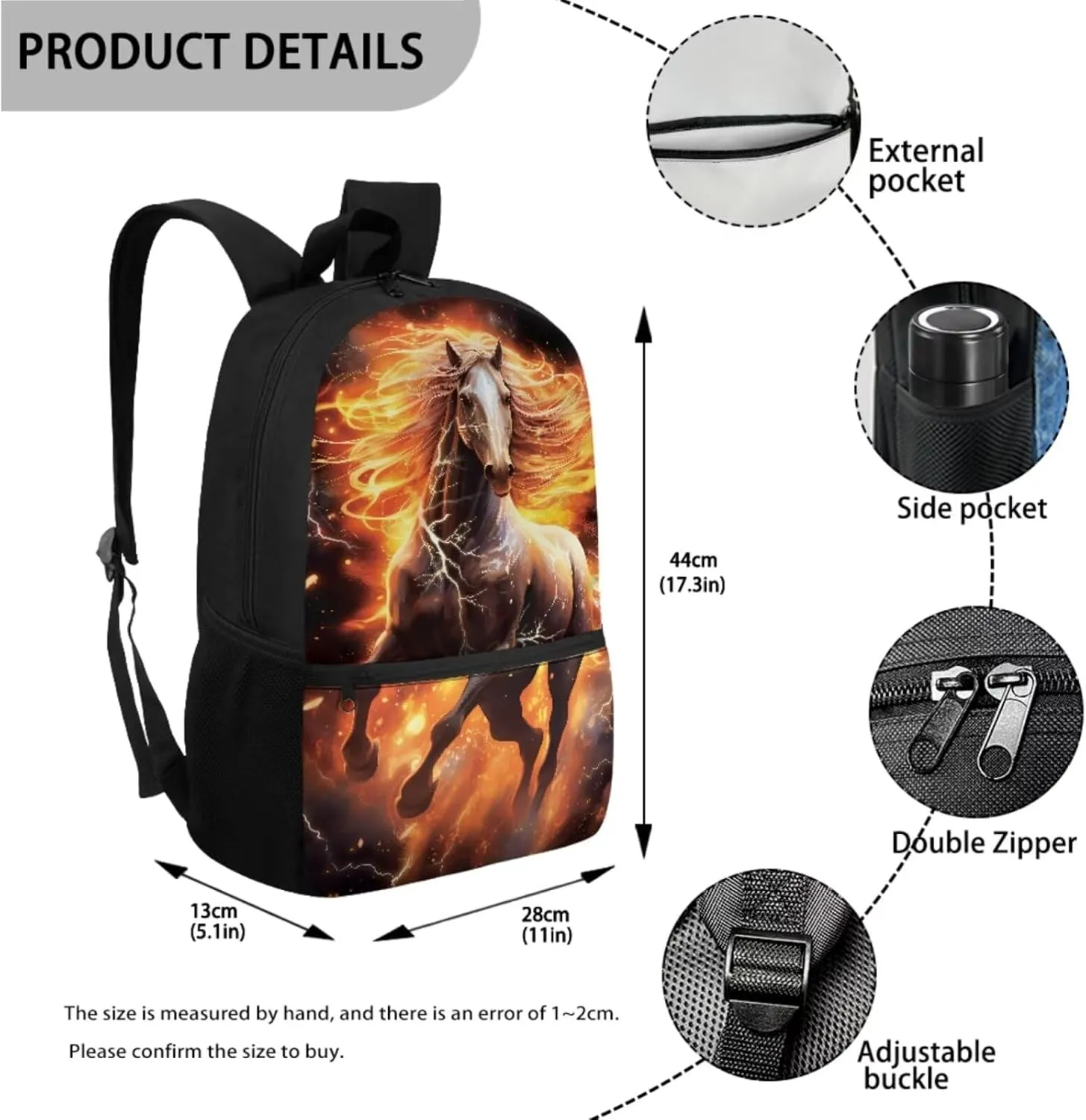 TOADDITDO Flaming Horse Boys Backpack 10-12 Years Old with Lunch Bag Pencil Case Middle School Large School Bag 8-12 Kids Hiking Camping Bookbags Daypack Travel Shoulder Bags Laptop Backpacks