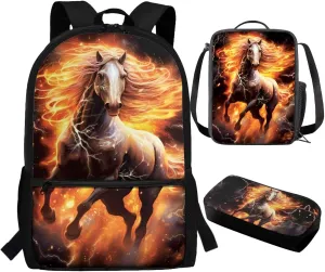 TOADDITDO Flaming Horse Boys Backpack 10-12 Years Old with Lunch Bag Pencil Case Middle School Large School Bag 8-12 Kids Hiking Camping Bookbags Daypack Travel Shoulder Bags Laptop Backpacks