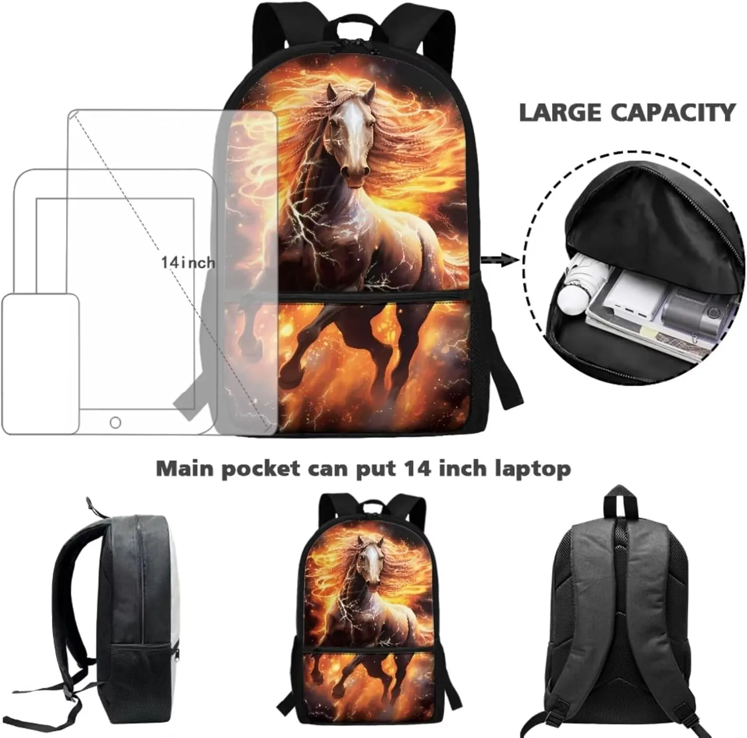 TOADDITDO Flaming Horse Boys Backpack 10-12 Years Old with Lunch Bag Pencil Case Middle School Large School Bag 8-12 Kids Hiking Camping Bookbags Daypack Travel Shoulder Bags Laptop Backpacks