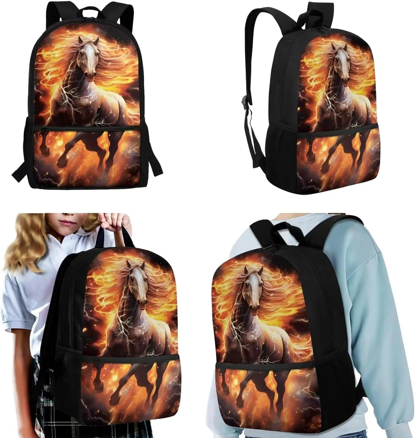 TOADDITDO Flaming Horse Boys Backpack 10-12 Years Old with Lunch Bag Pencil Case Middle School Large School Bag 8-12 Kids Hiking Camping Bookbags Daypack Travel Shoulder Bags Laptop Backpacks