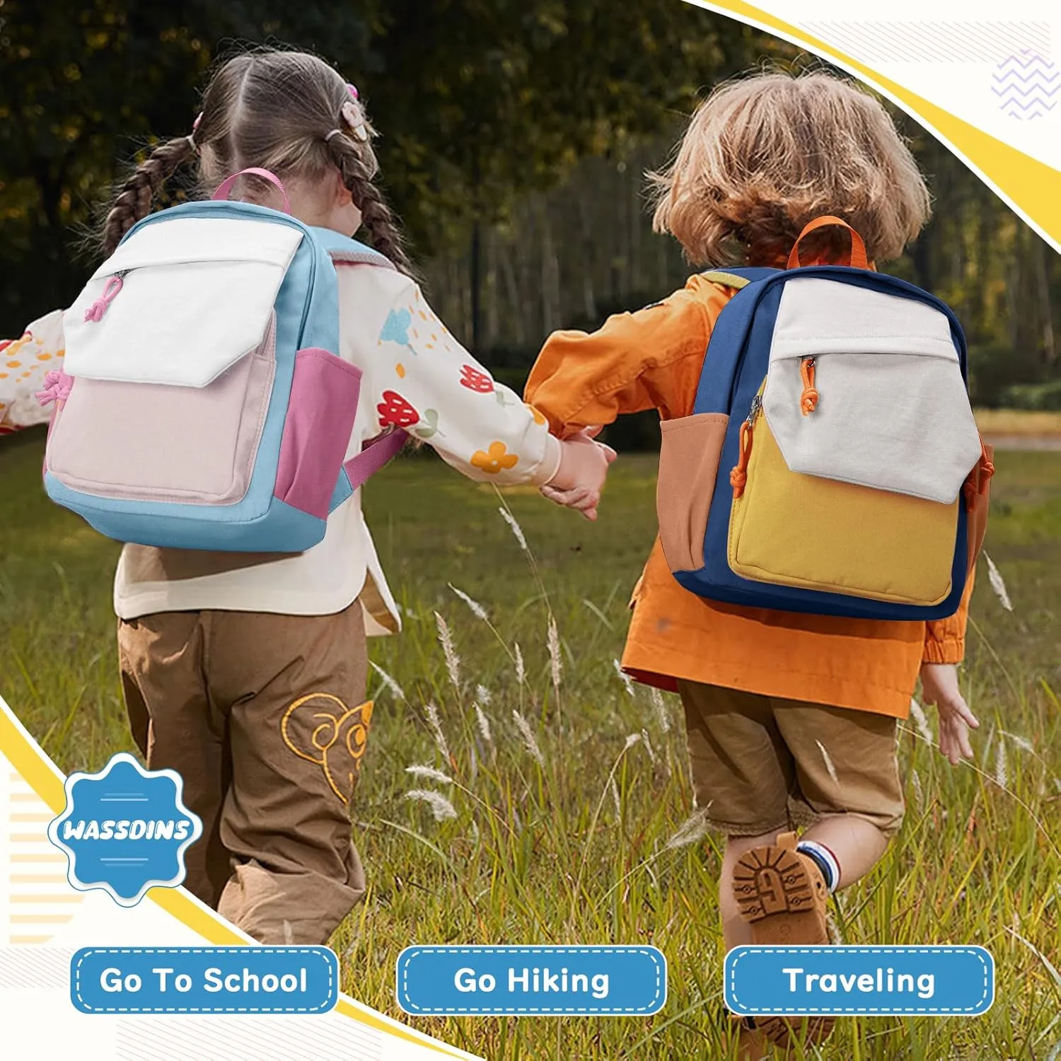 Toddler Backpack for Boys Girls, Kindergarten Kids Backpacks, Preschool Bookbag with Name Tag Pocket, Small Child Back Pack Daypack for Travel, Hiking Yellow Blue