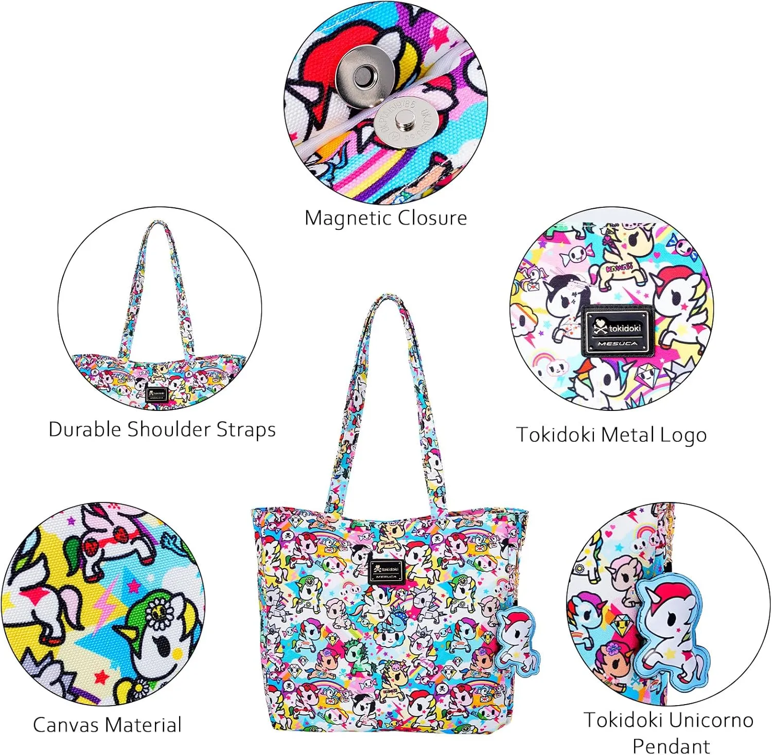 Tokidoki Unicorno Tote Bag Shoulder Bag Canvas Purses for Women Cute Shopper Bag Handbag Travel Purse Charm