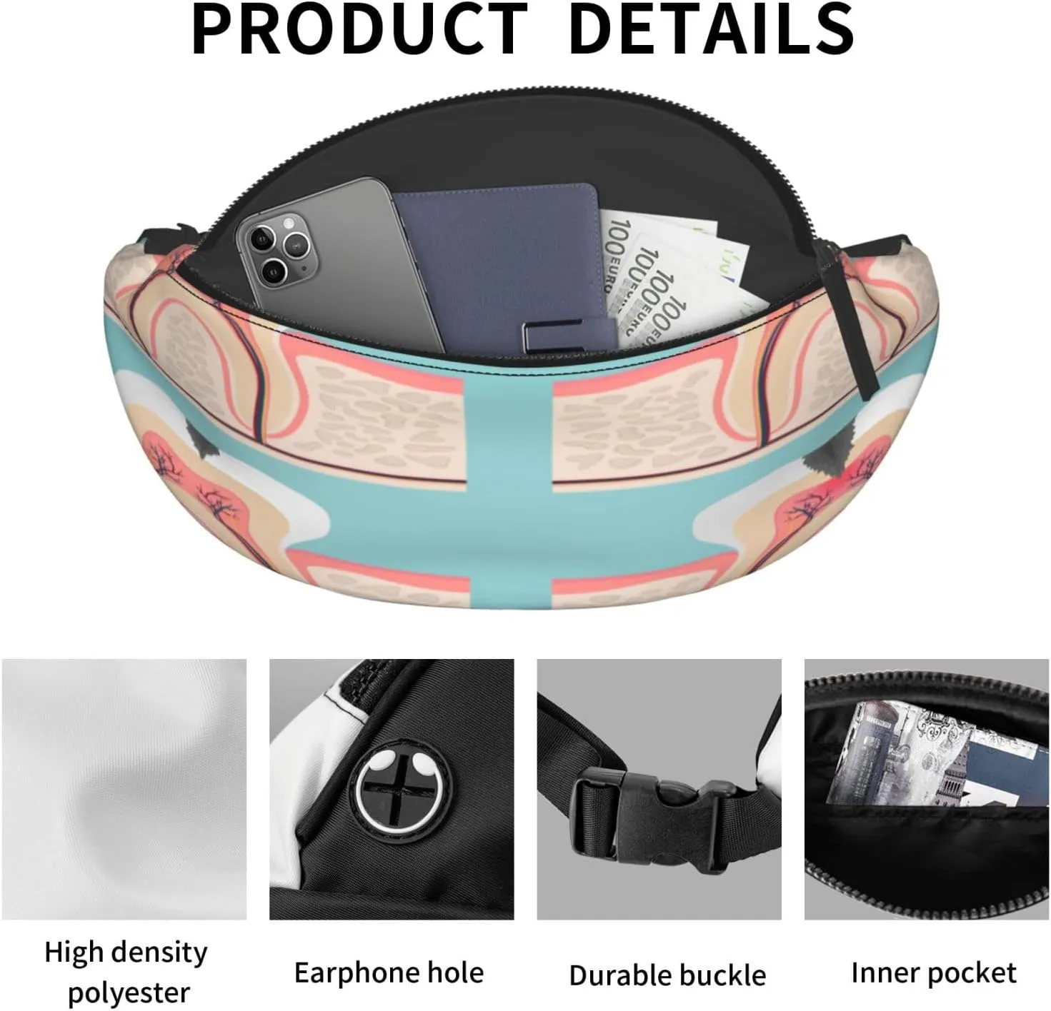 Tooth Anatomy Cut Teeth Fanny Pack, Crossbody Waist Packs for Women Men Waist Bags with Adjustable Strap for Travel Running Hiking Sport