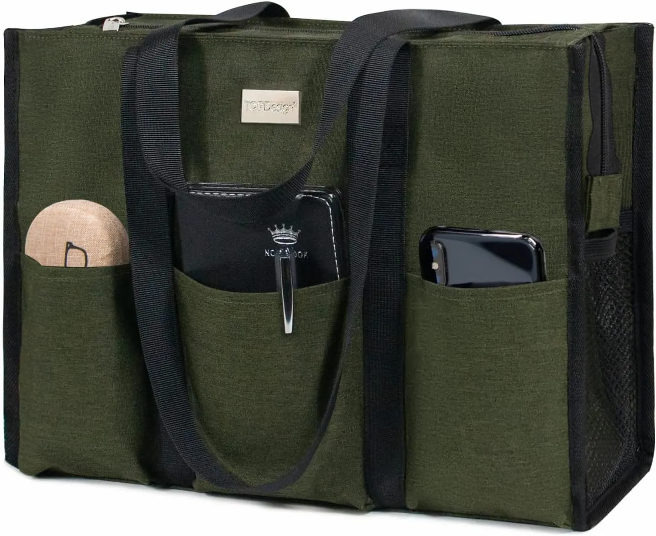 TOPDesign Utility Water Resistant Tote Bag with 13 Pockets, Top Zipper Closure & Thick Bottom Support, for Working Women