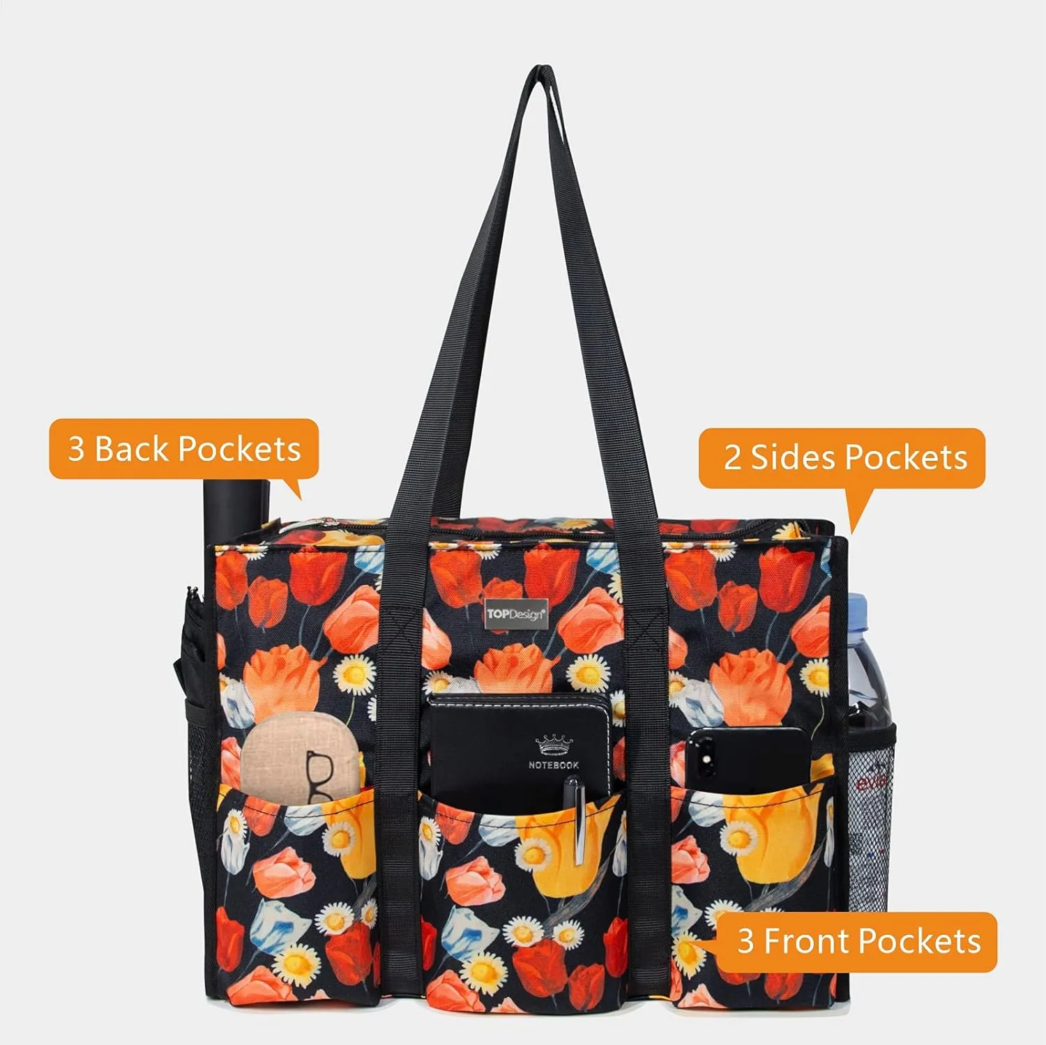 TOPDesign Utility Water Resistant Tote Bag with 13 Pockets, Top Zipper Closure & Thick Bottom Support, for Working Women
