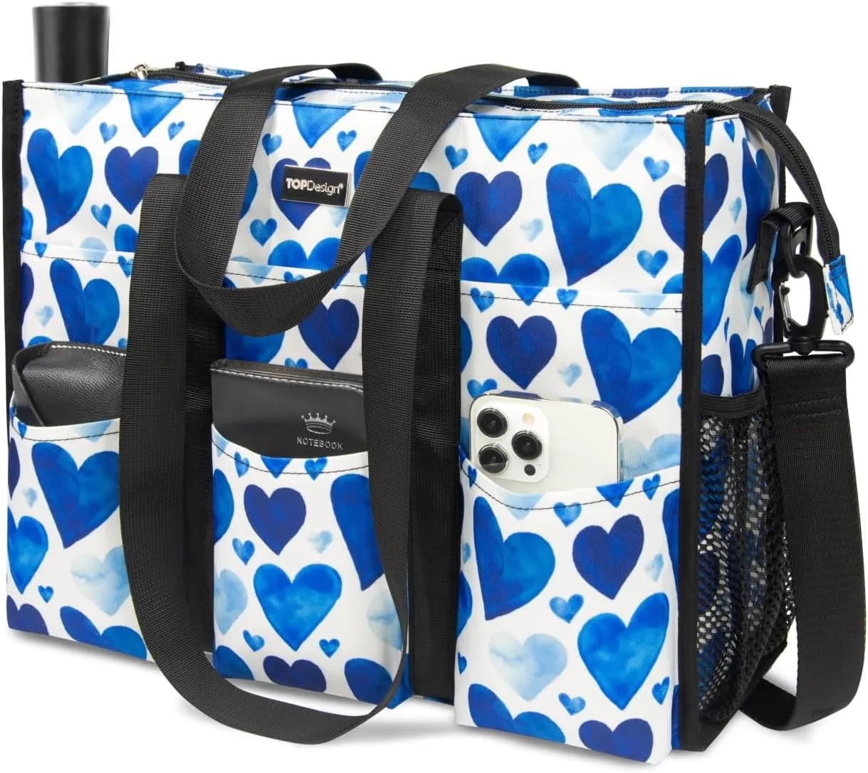 TOPDesign Utility Water Resistant Tote Bag with 22 Pockets, Top Zipper Closure & Thick Bottom Support, for Working Women