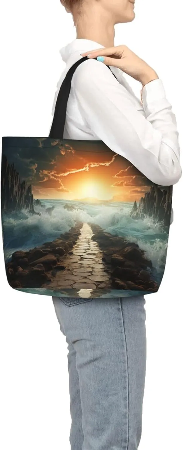 Tote Bag for Women Grocery Bag Reusable Shopping Bag Divided Sea Pathway Handbag Foldable Shoulder Bag