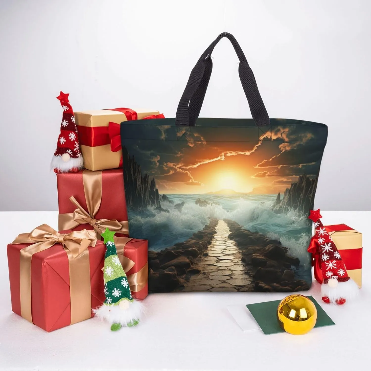 Tote Bag for Women Grocery Bag Reusable Shopping Bag Divided Sea Pathway Handbag Foldable Shoulder Bag