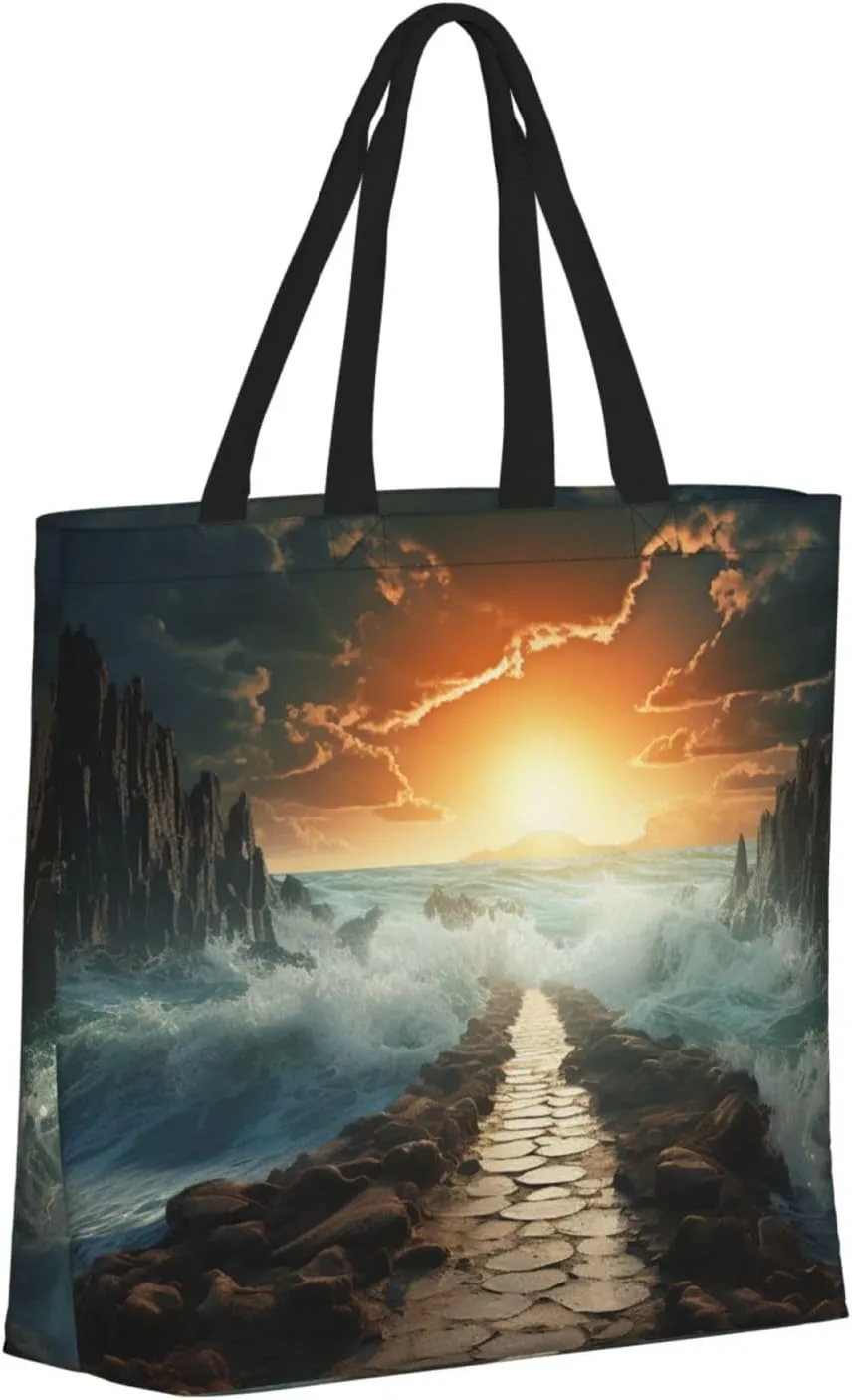 Tote Bag for Women Grocery Bag Reusable Shopping Bag Divided Sea Pathway Handbag Foldable Shoulder Bag